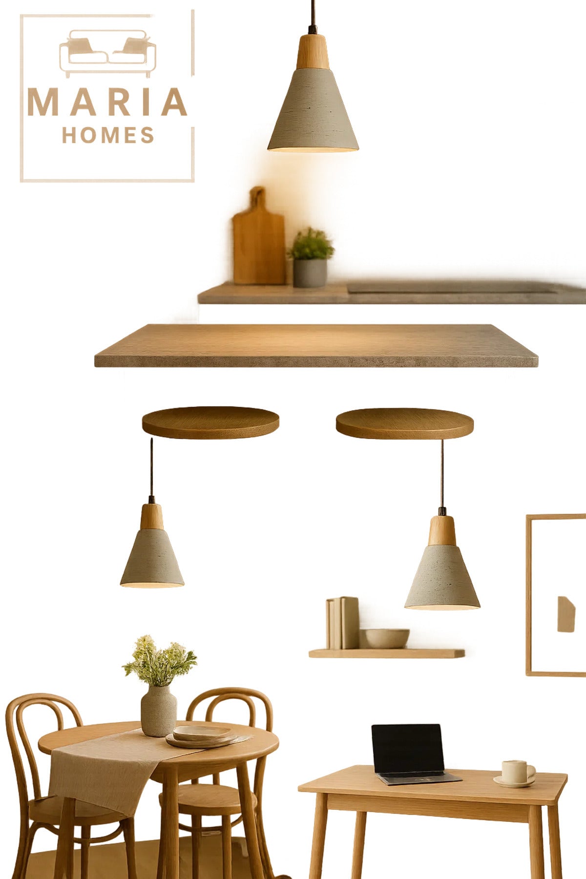 Tall Cone Pendant Light with White Texture and Wood Top