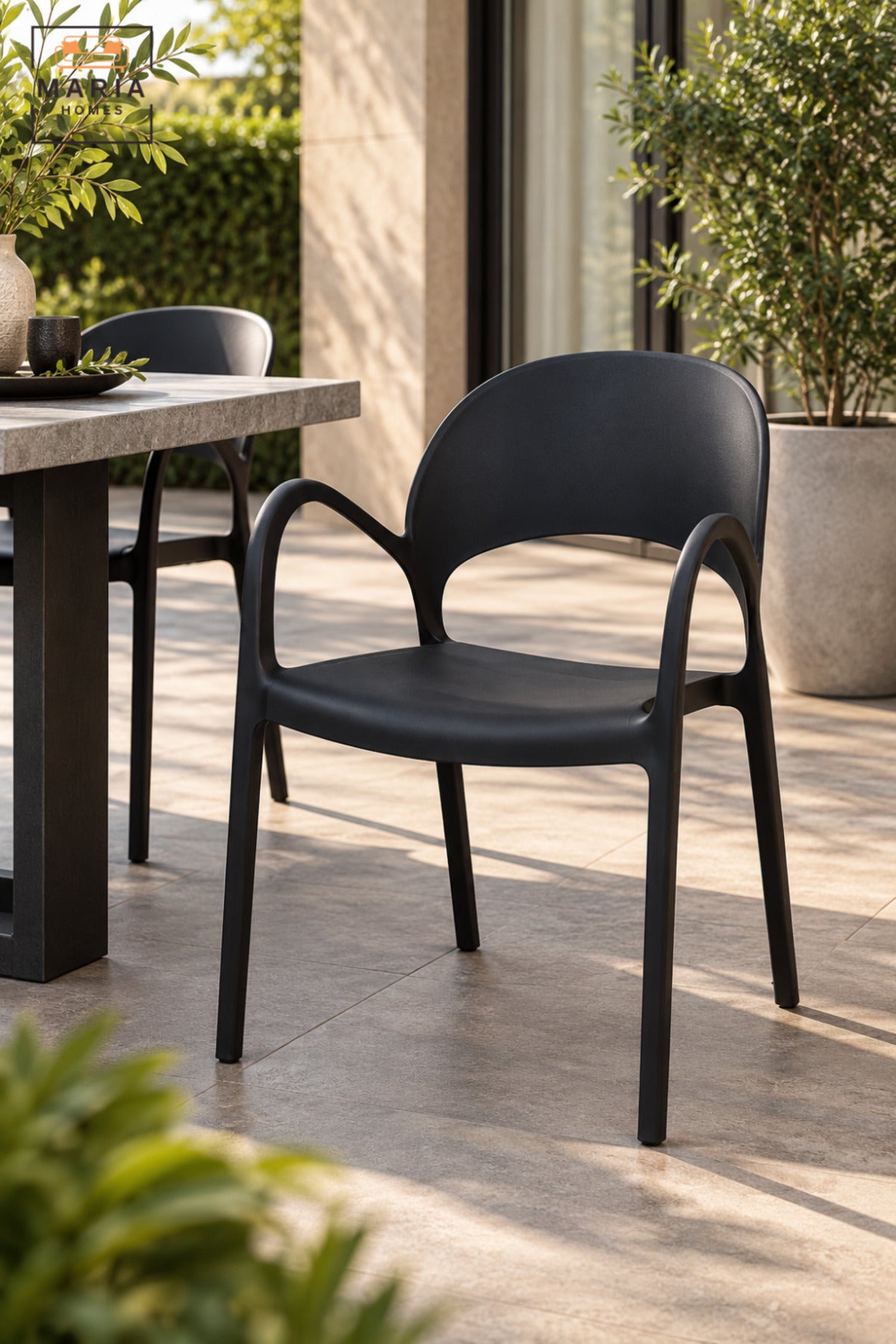 Modern Black Garden Chair with Armrests, Curved Open Backrest and Contemporary Lightweight Design for Patio, Balcony, Terrace, Café & Outdoor Seating