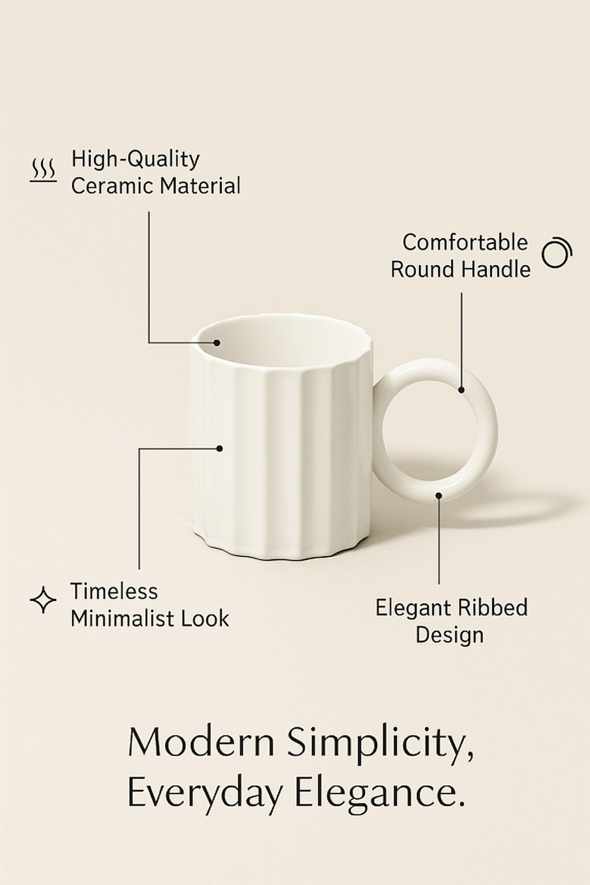 White Ceramic Mug Ð Modern Ribbed Design Coffee and Tea Cup
