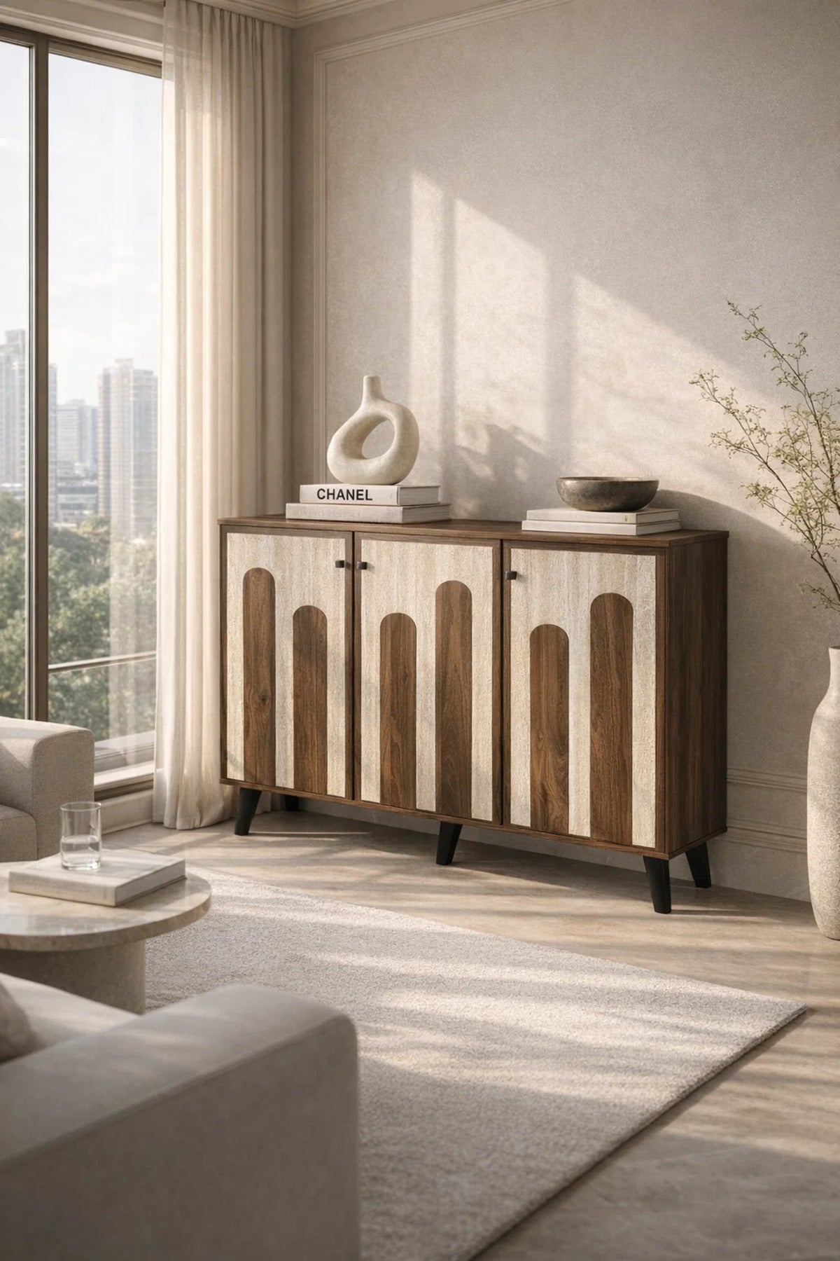Dark Brown and Beige Shoe Cabinet with Decorative Panel Design 120 x 32 x 93 cm