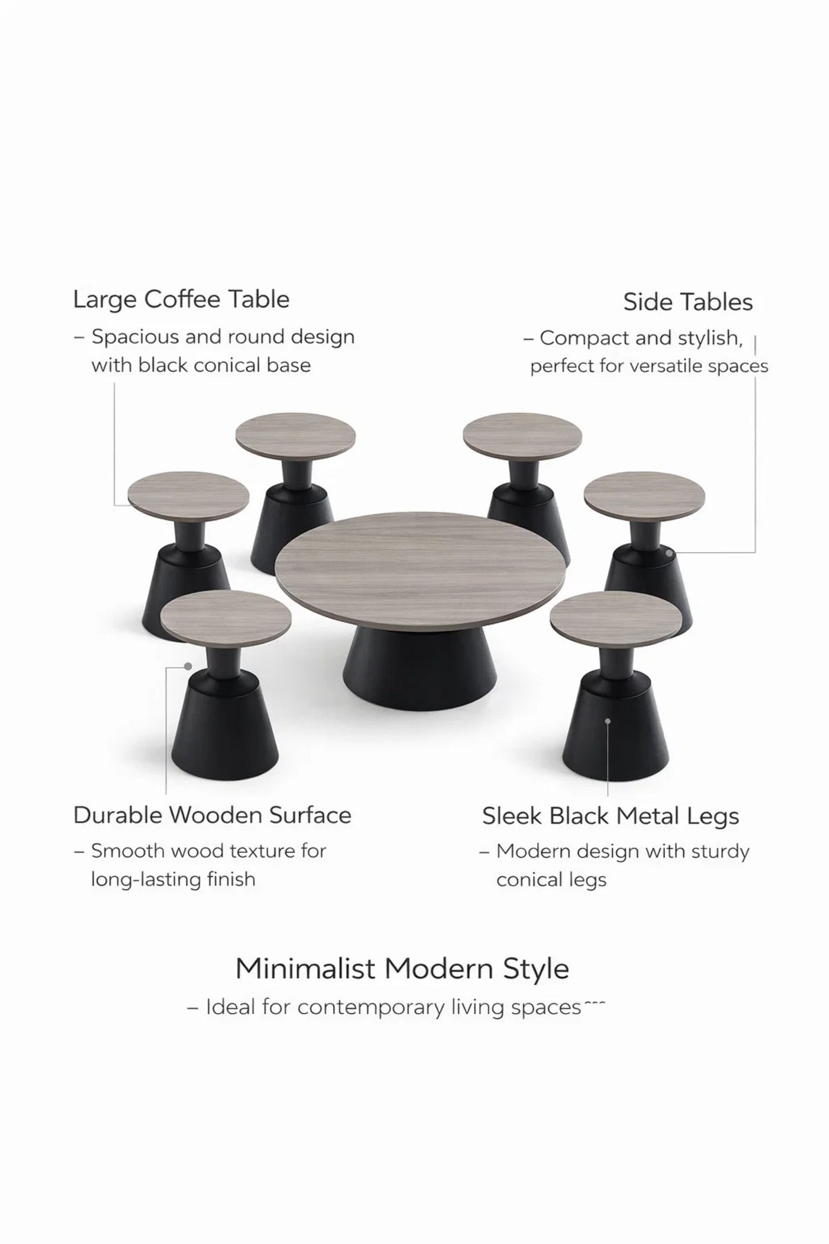 7-Piece Modern Round Coffee Table Set Dark Grey Wood Top Black Base Stylish Living Room Decor