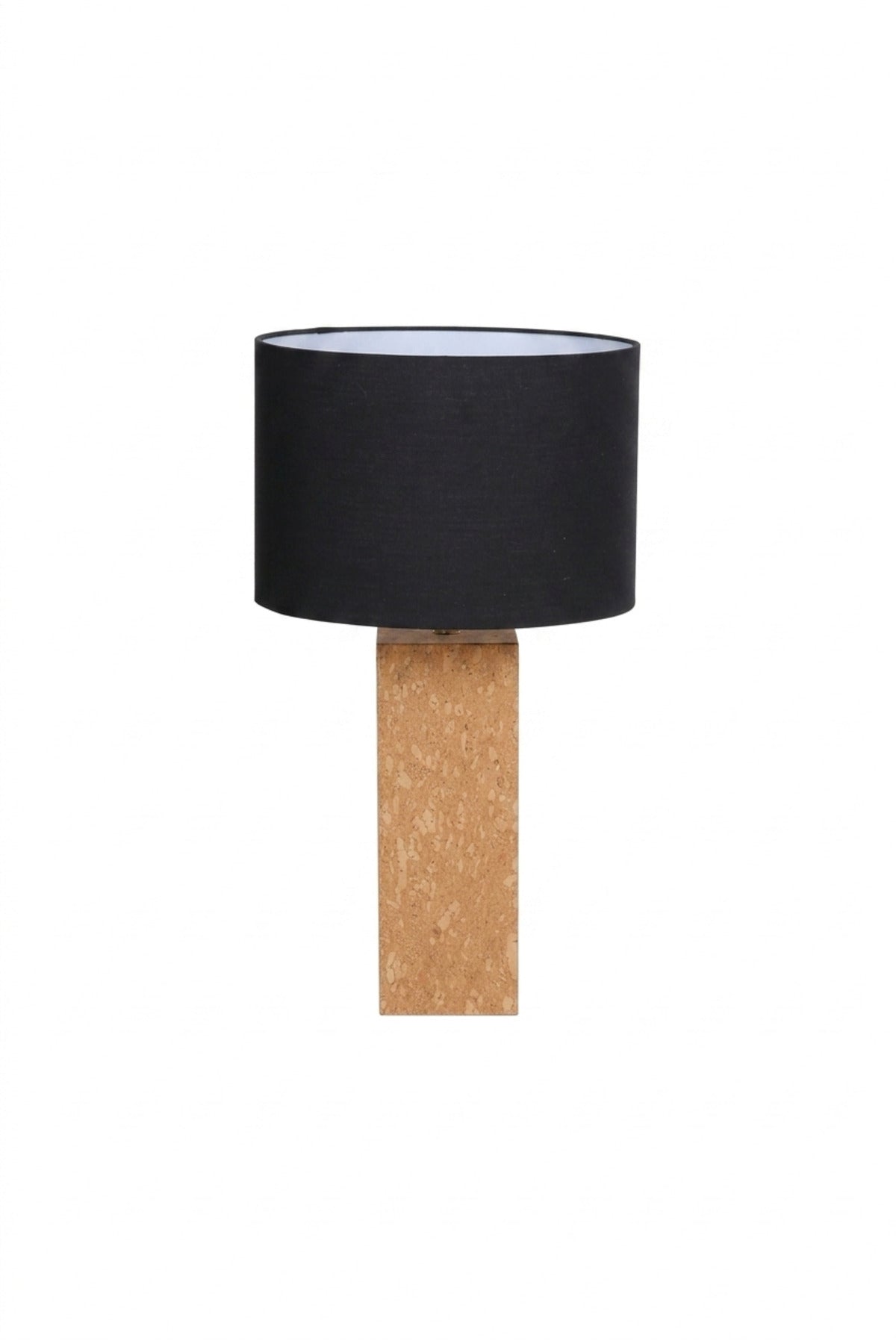 Modern Cork Table Lamp with Black Drum Fabric Shade and Slim Rectangular Textured Base for Bedroom, Living Room, Office, Hotel and Bedside Décor