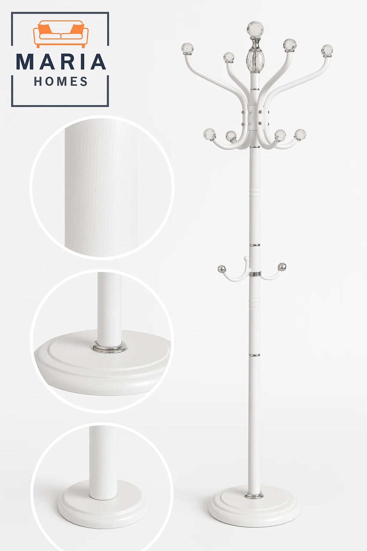 Freestanding White Metal Coat Rack with Multiple Chrome Hooks