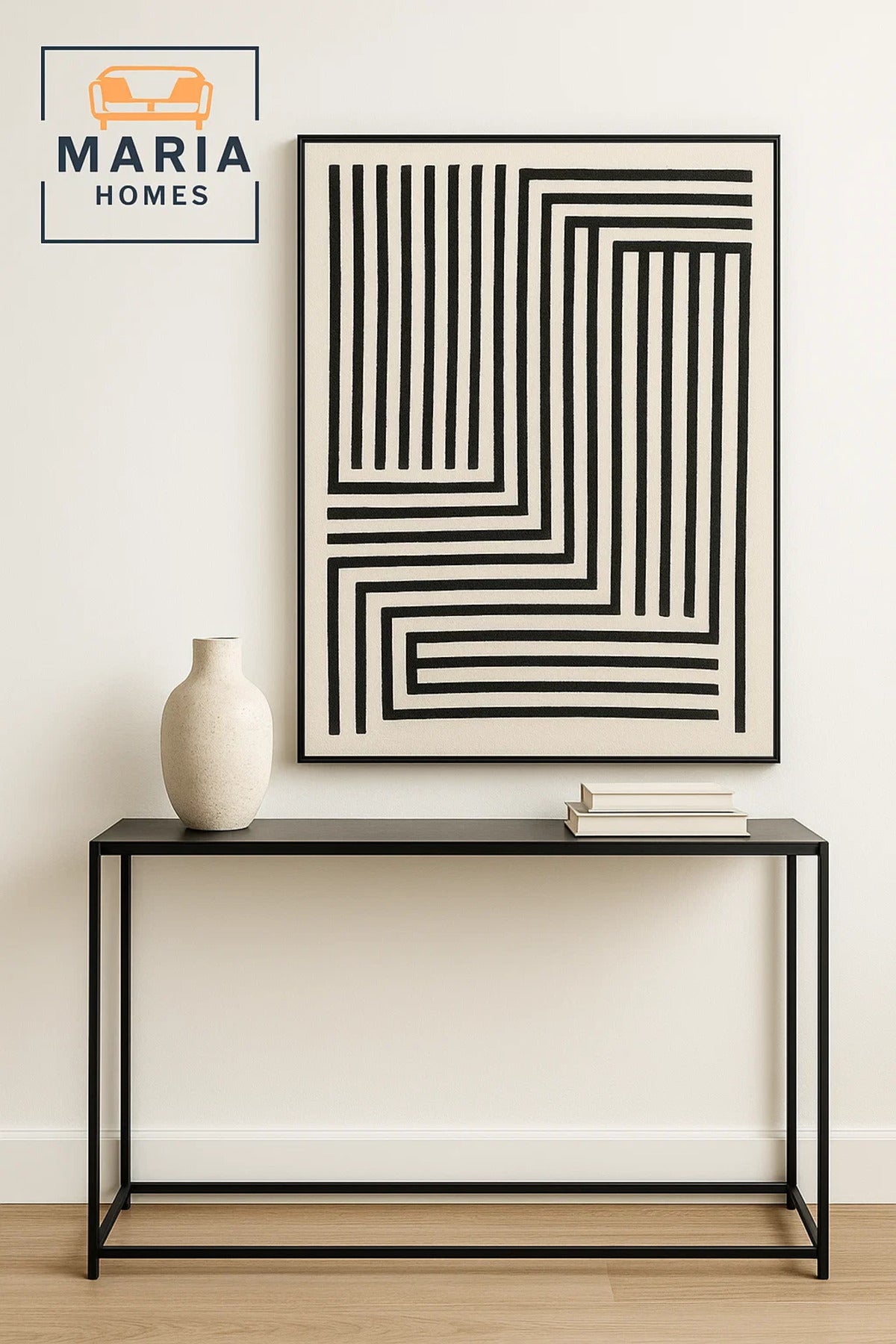 Modern Geometric Area Rug Ð Black Linear Pattern on Cream, size 4.3*123 cm