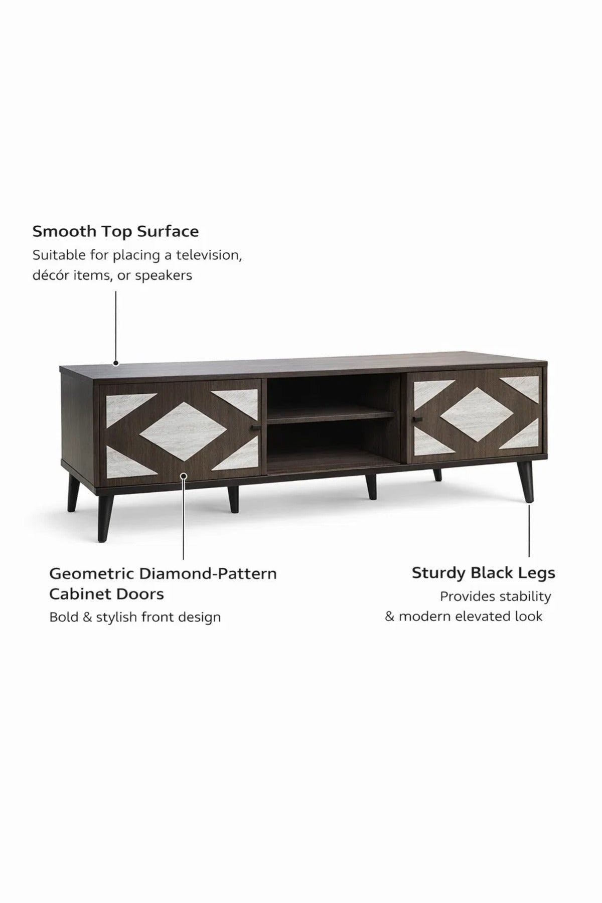 Stylish Dark Wood TV Table 160cm with Geometric Door Design and Media Storage for Living Room
