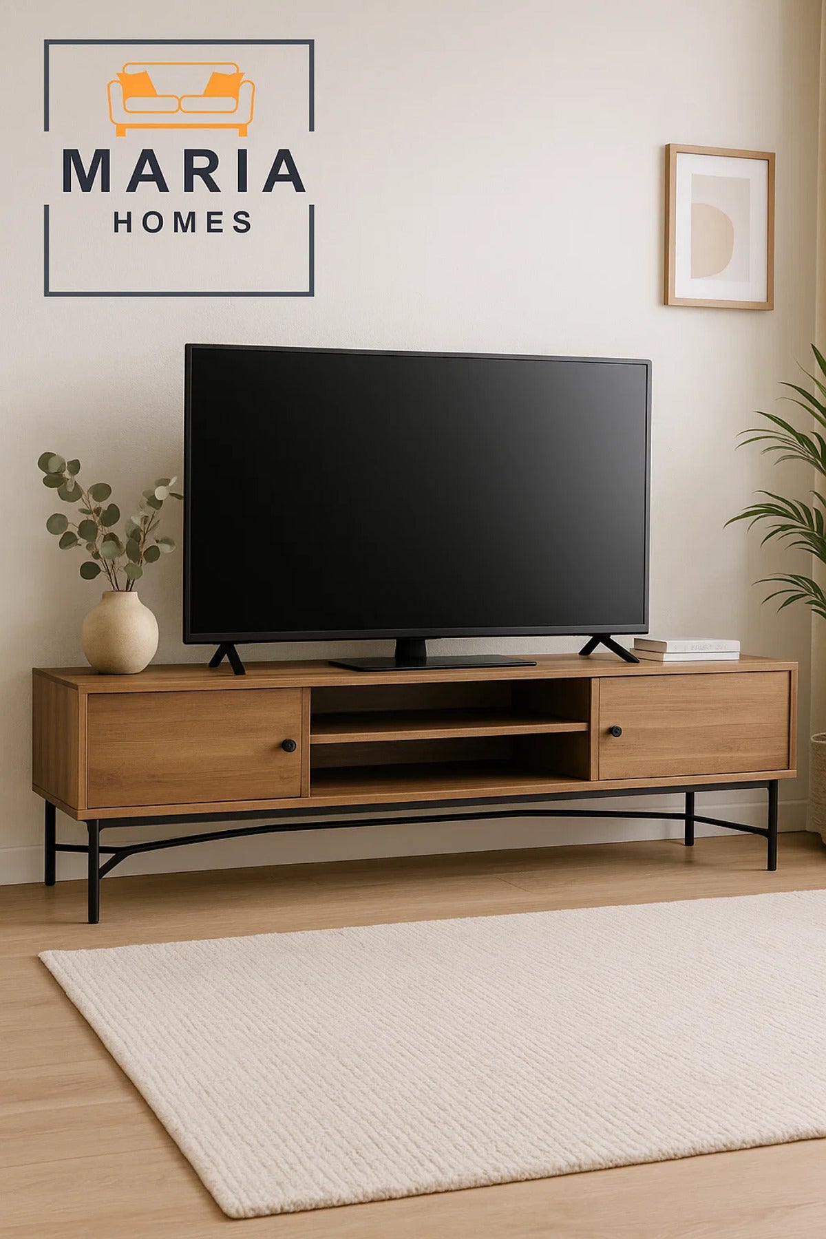 Large Industrial TV Stand in Brown Wood with Metal Base Ð 200x40x50 cm Media Console