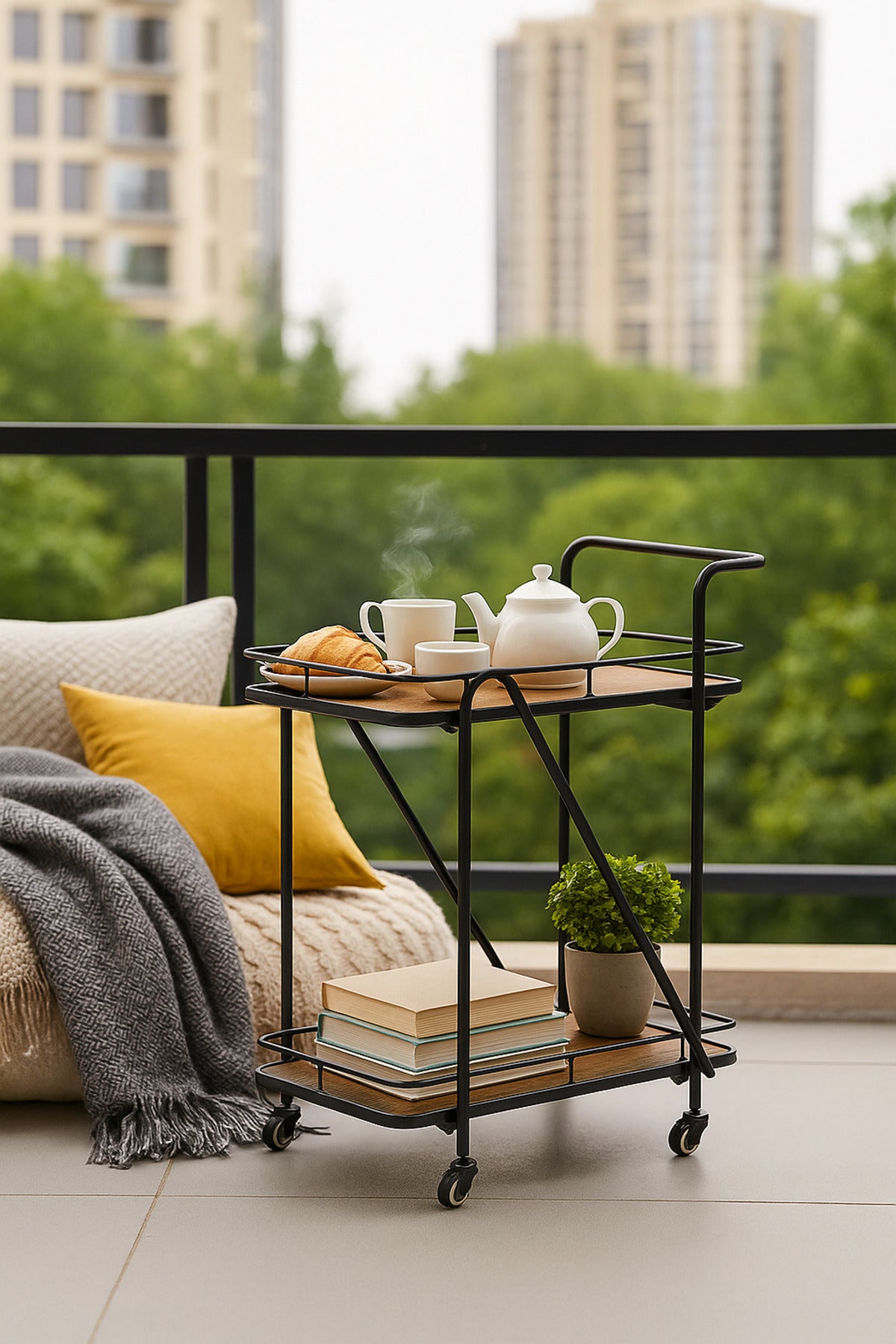 2-Tier Brown Serving Trolley with Wheels Tea & Coffee Cart | Metal Frame & Wood Shelves 70_40_85 cm