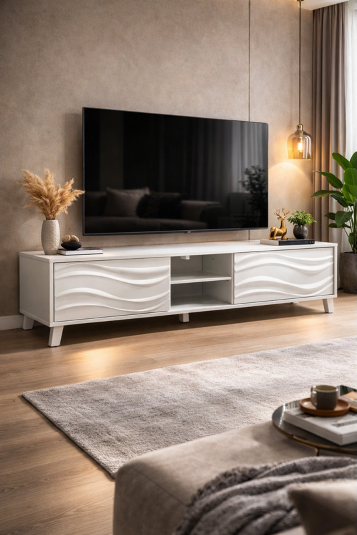 Modern White TV Stand with Decorative Wave Panels and Storage