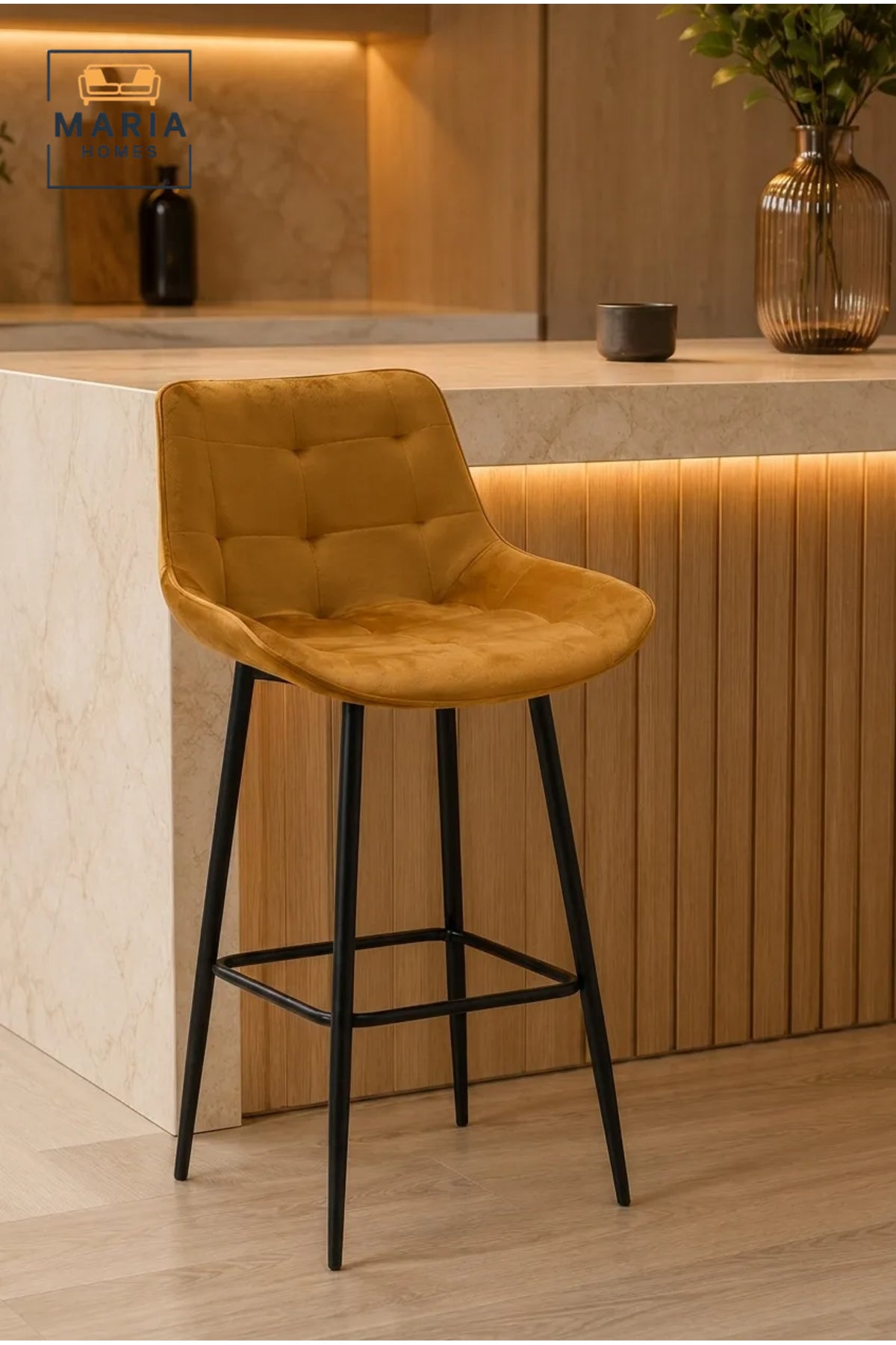 Modern Upholstered Counter Stool with Tufted Seat, Curved Backrest and Metal Frame