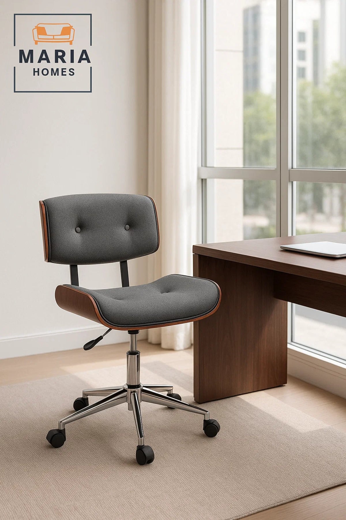 Dark Grey Swivel Office Chair with Wheels, Mid-Century Adjustable Desk Chair