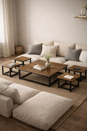 Rustic Brown 5-Piece Low Floor Coffee Table Set Industrial Metal Frame Center Table for Living Room