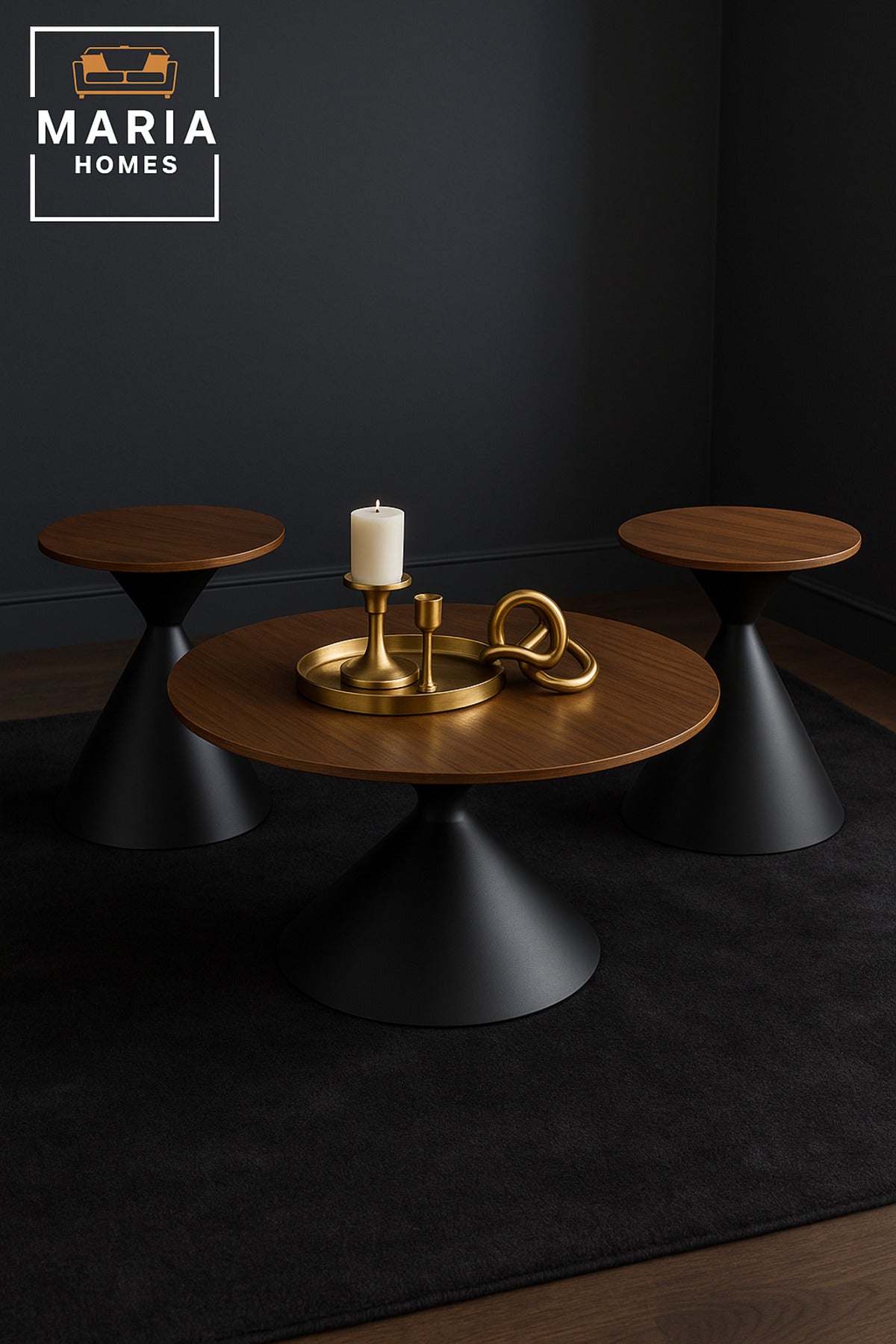 Modern Walnut Coffee Table Set Ð 3-Piece Round Center and Side Tables with Black Cone Base