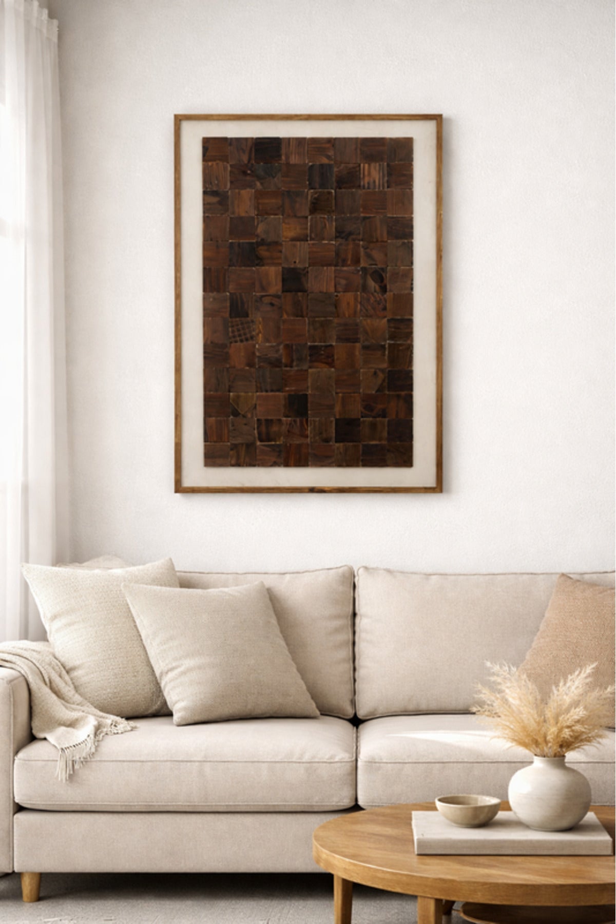 Natural Wood Mosaic Wall Art with Wooden Frame Modern Decorative Panel natural wood