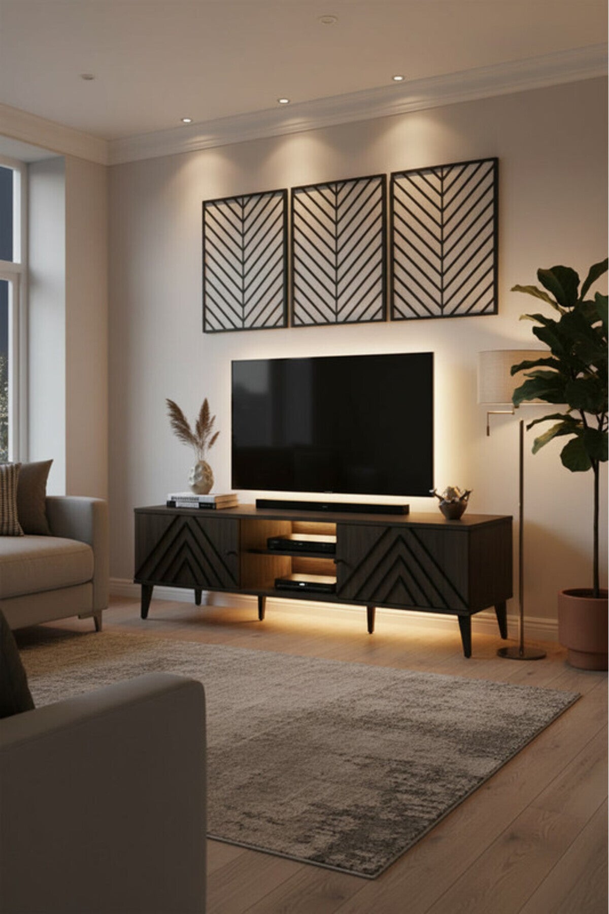 Modern Brown TV Table with Geometric Design & Open Storage Shelf