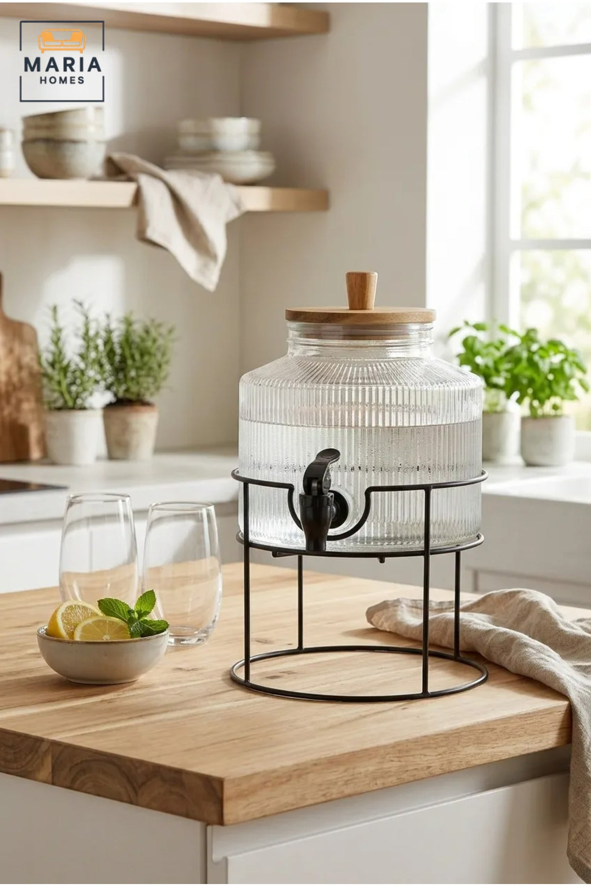Glass Beverage Dispenser with Tap, Wooden Lid and Metal Stand, Drink Jar for Water, Juice, Lemonade, Iced Tea, Parties, Buffets and Home Use