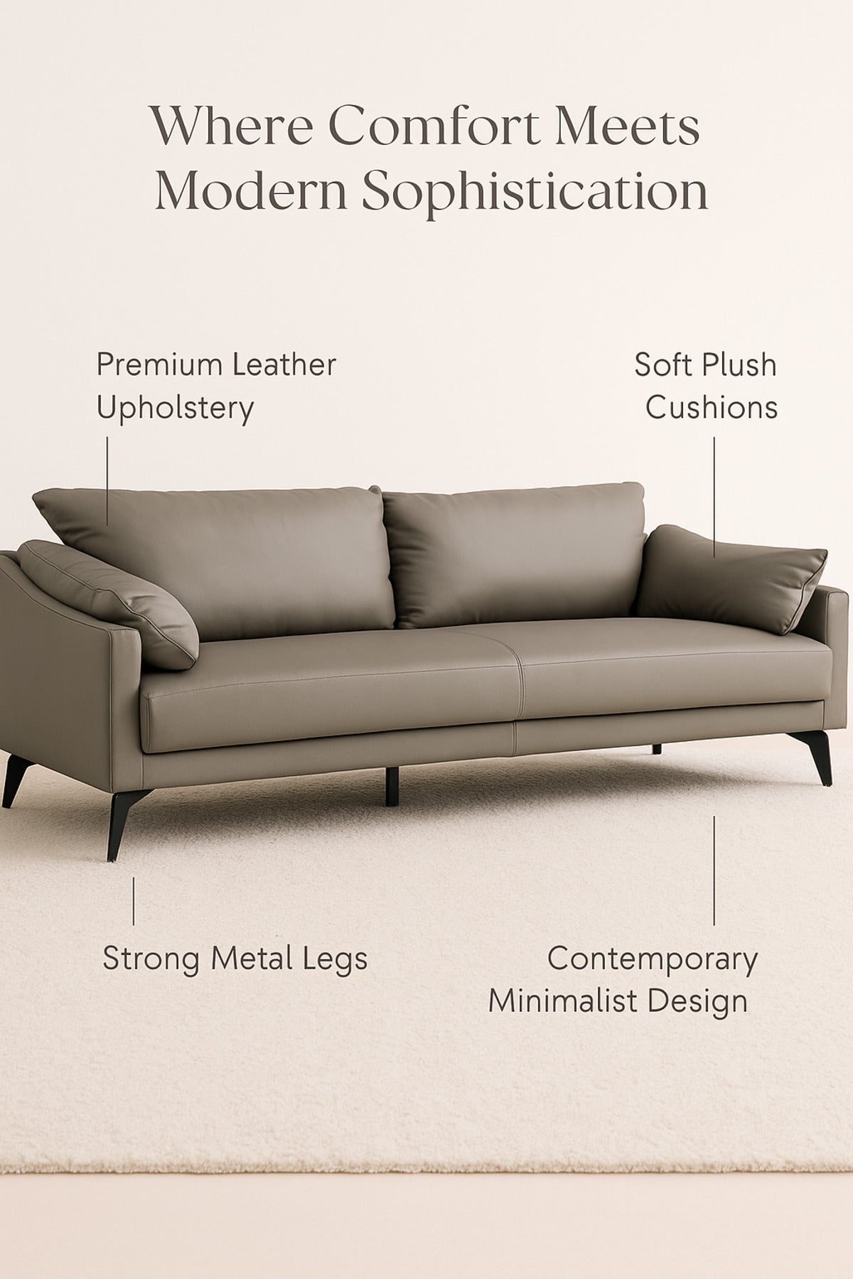 Gray 3-Seater Sofa Ð Modern Leather Fabric Sofa with Soft Cushions and Metal Legs for Living Room
