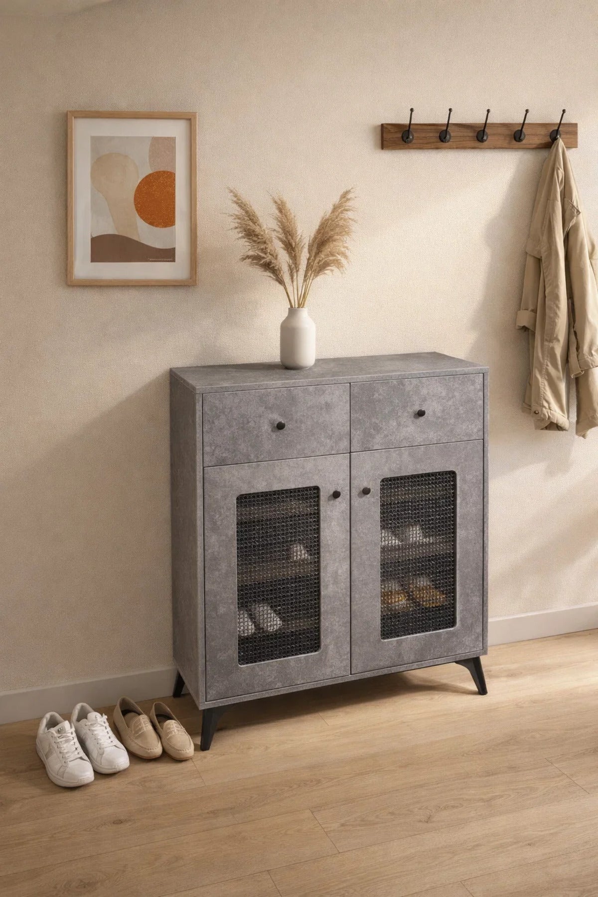 Modern Grey Shoe Cabinet Sideboard with Mesh Doors and Two Drawers for Home Entrance Storage Unit