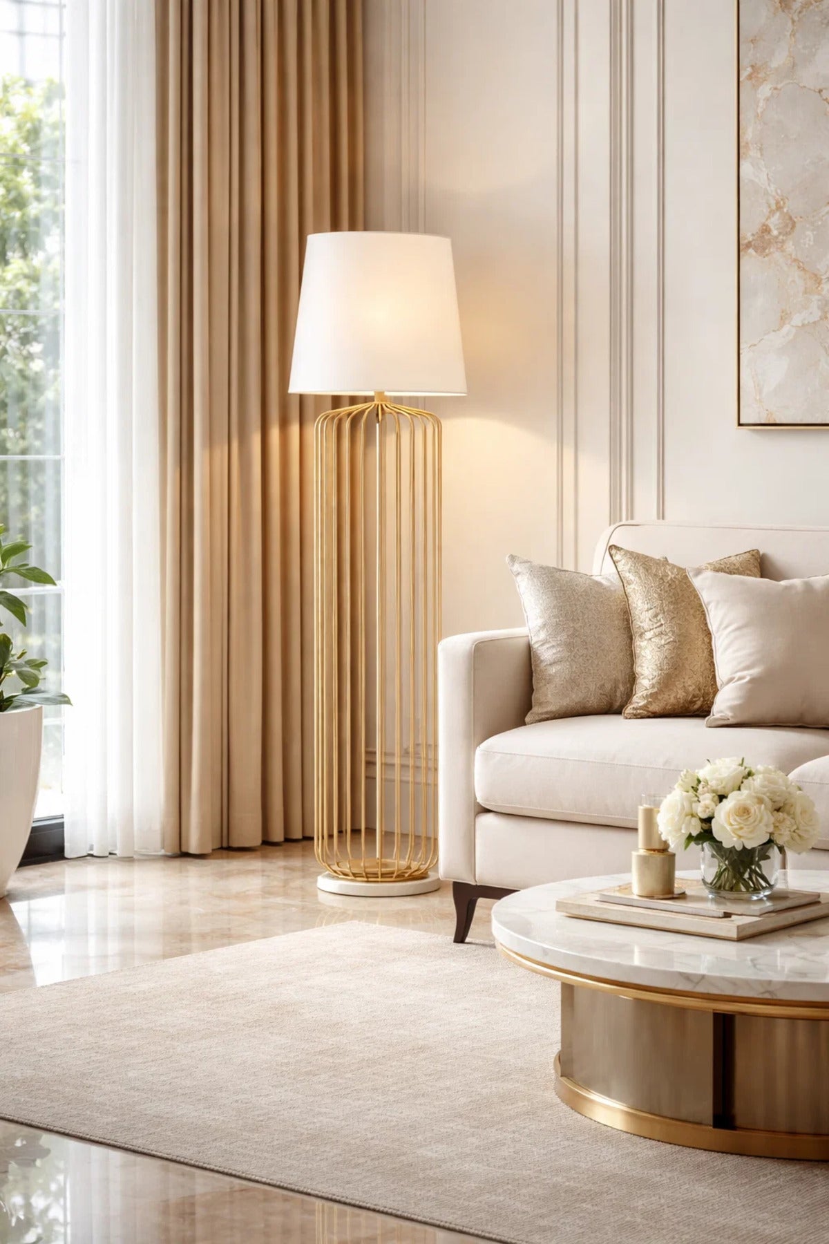 Modern Gold Cage Floor Lamp with Fabric Shade for Living Room Decor