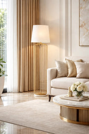 Modern Gold Cage Floor Lamp with Fabric Shade for Living Room Decor