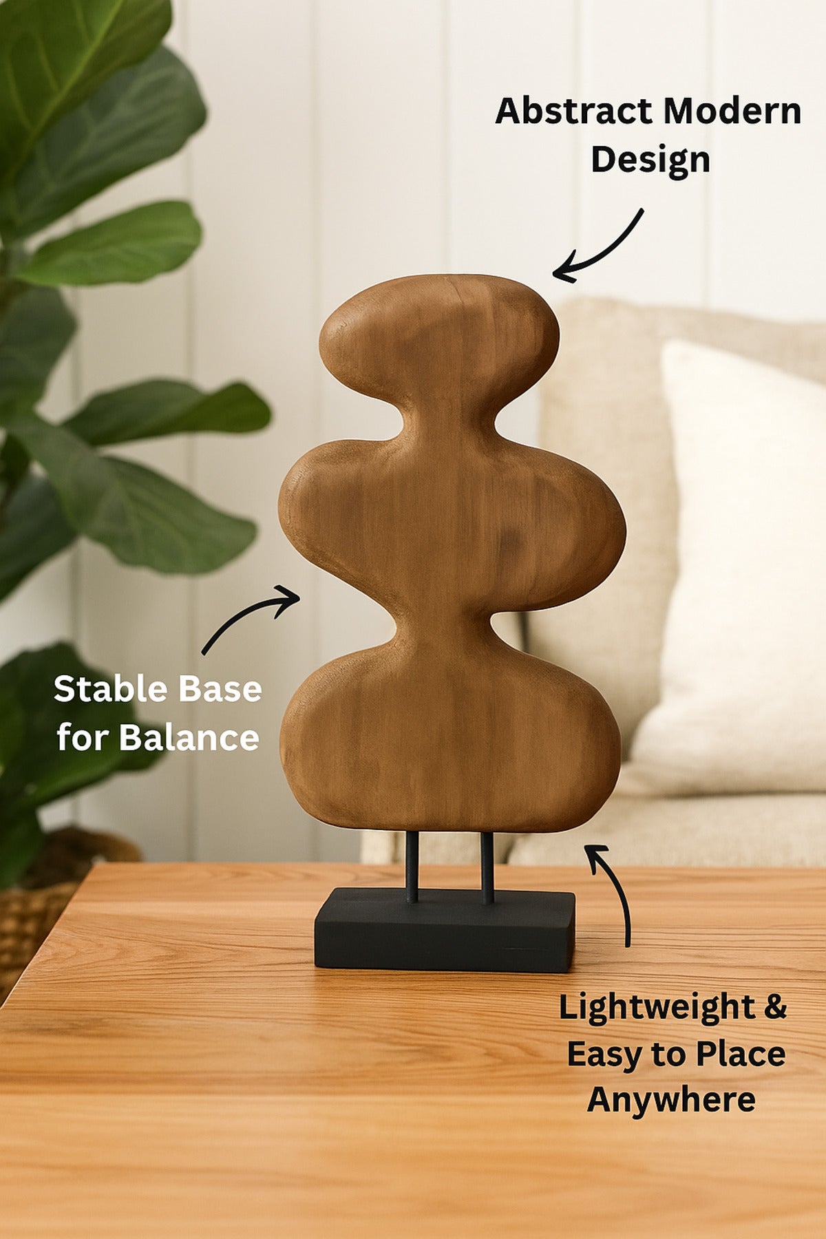 Walnut and Black Wooden Abstract Decorative Sculpture on Stand Ð Modern Artistic Accent