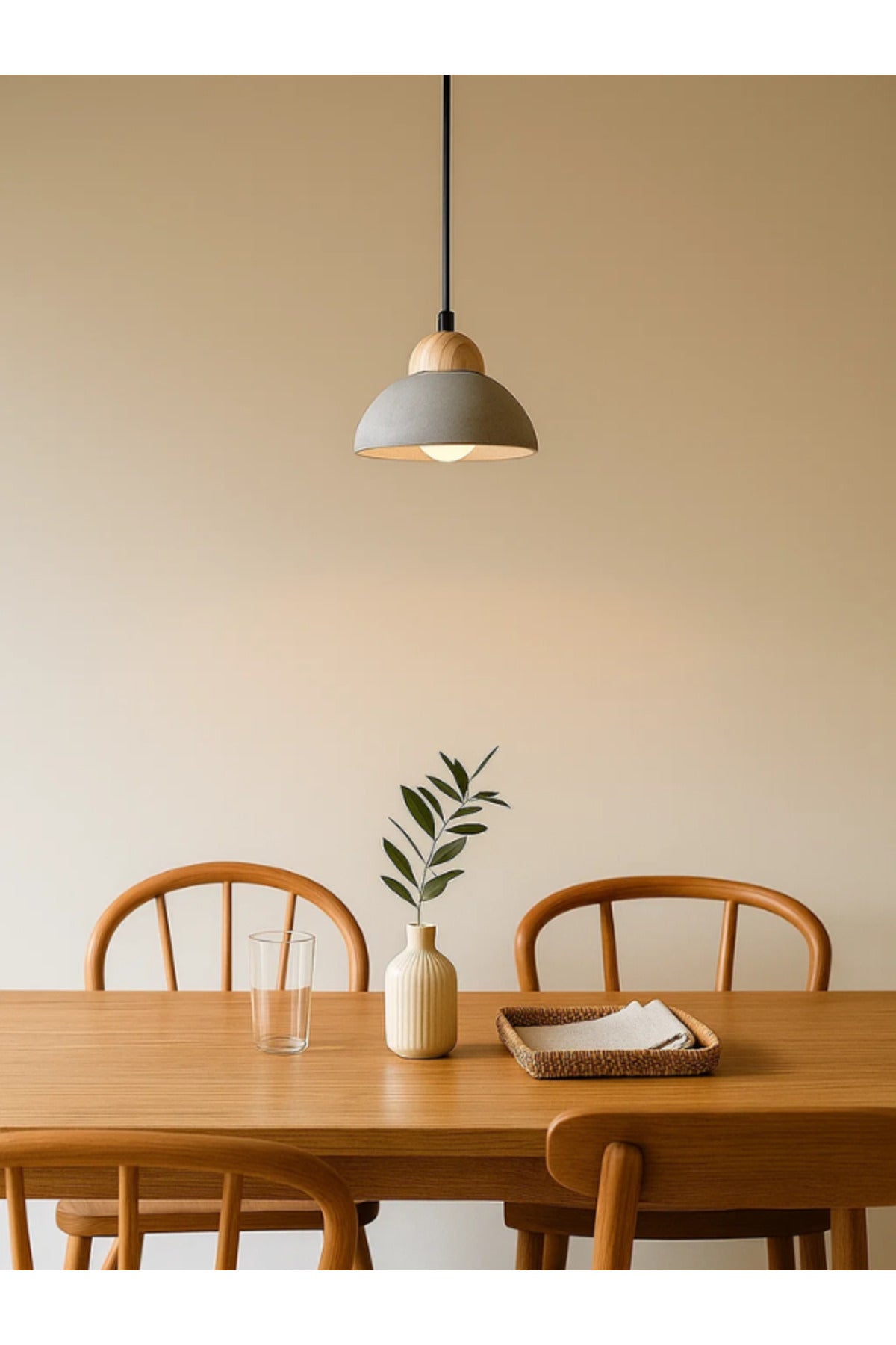 Modern Gray Pendant Light Ð Concrete and Wood Hanging Lamp for Living & Dining Room
