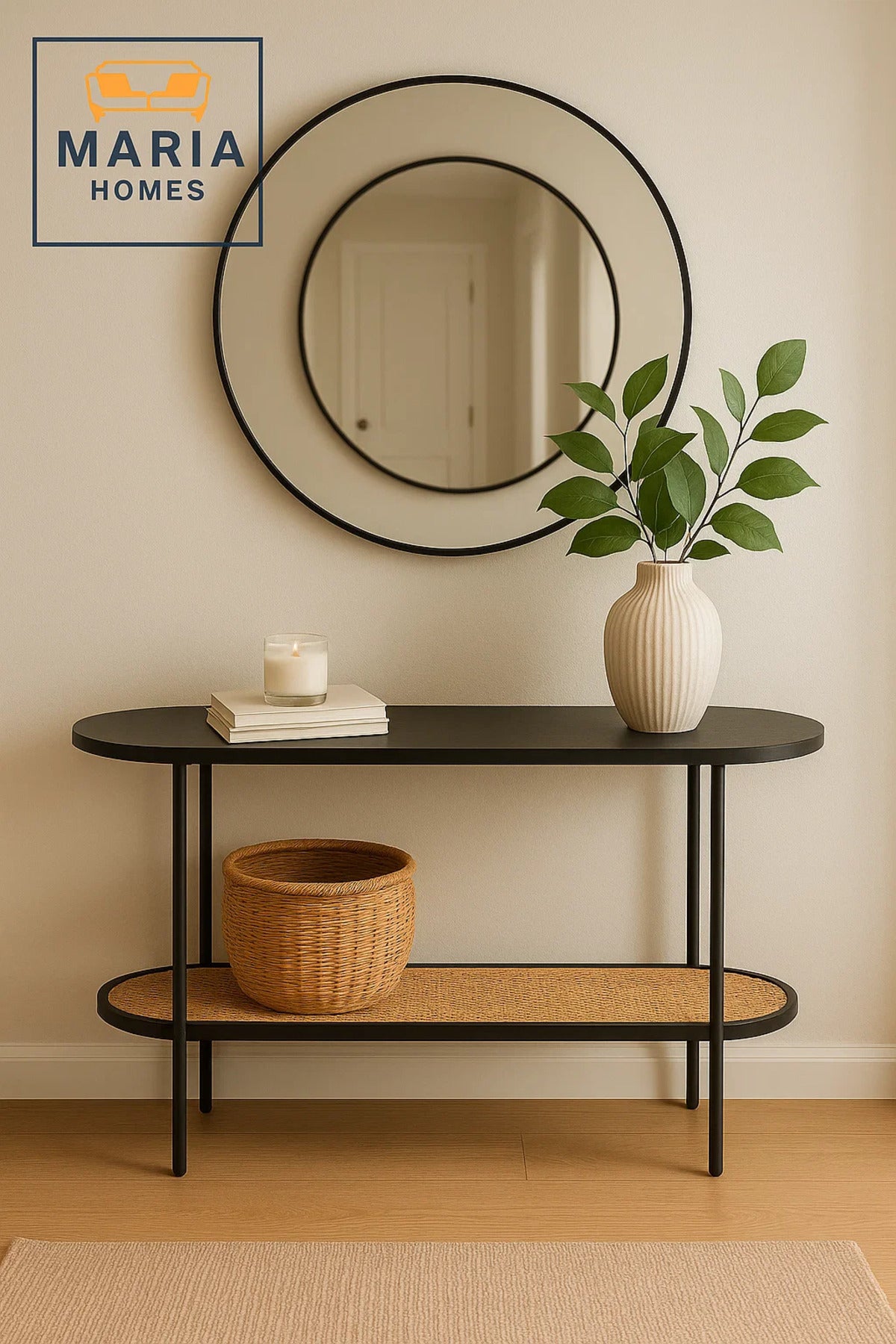 Oval Black Console Table with Rattan Shelf and Metal Frame