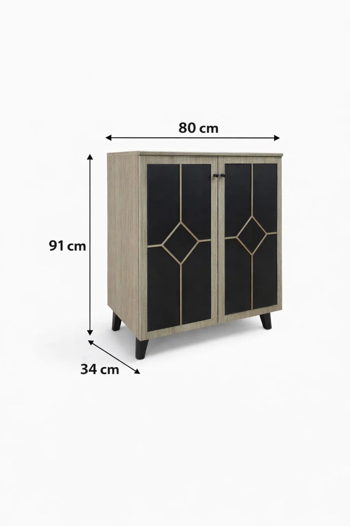 Elegant Two Door Shoe Cabinet Geometric Design Beige and Black Hallway Storage Organizer Unit Stand