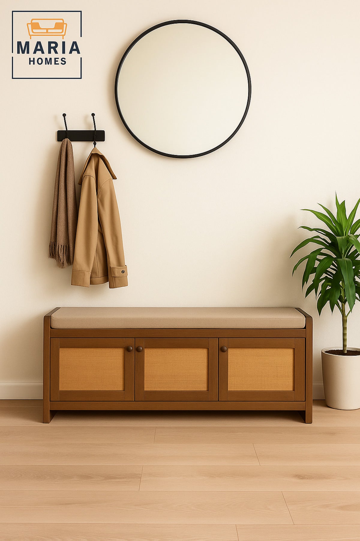Brown Wooden Storage Bench with Rattan Doors & Cushion Seat Ð Shoe Cabinet (120_40_52 cm)