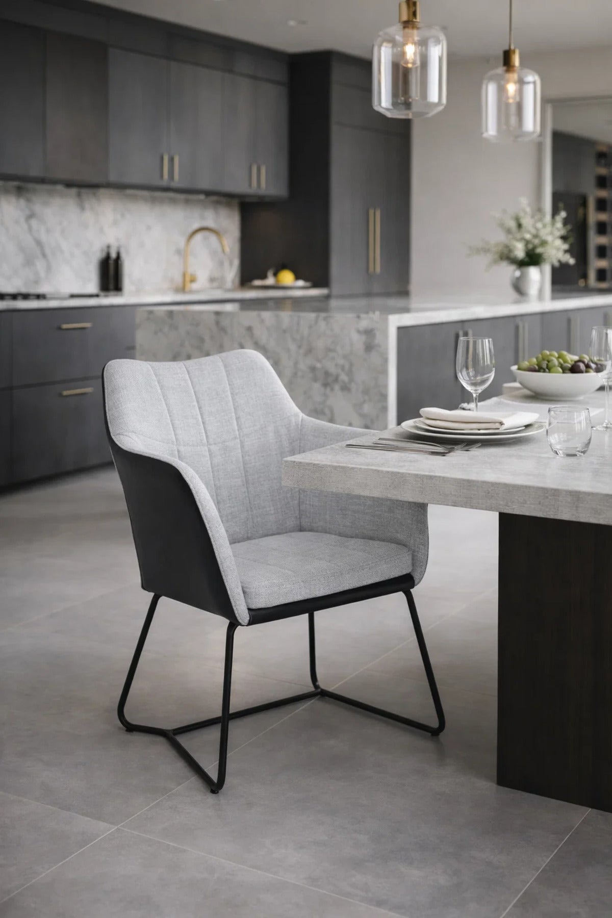 Stylish Grey Fabric and Black Leather Dining Armchair with Metal Sled Legs for Modern Home