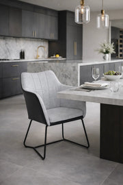 Stylish Grey Fabric and Black Leather Dining Armchair with Metal Sled Legs for Modern Home