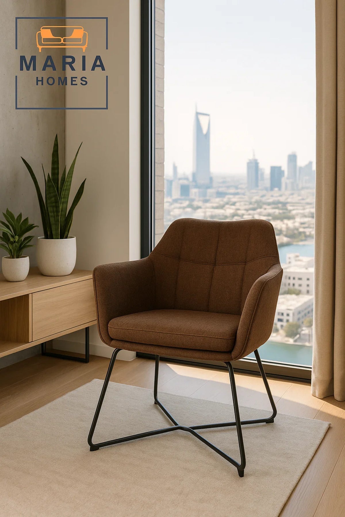 Brown Fabric Lounge Chair Ð Upholstered Armchair with Sled Black Metal Legs for Home or Office Use