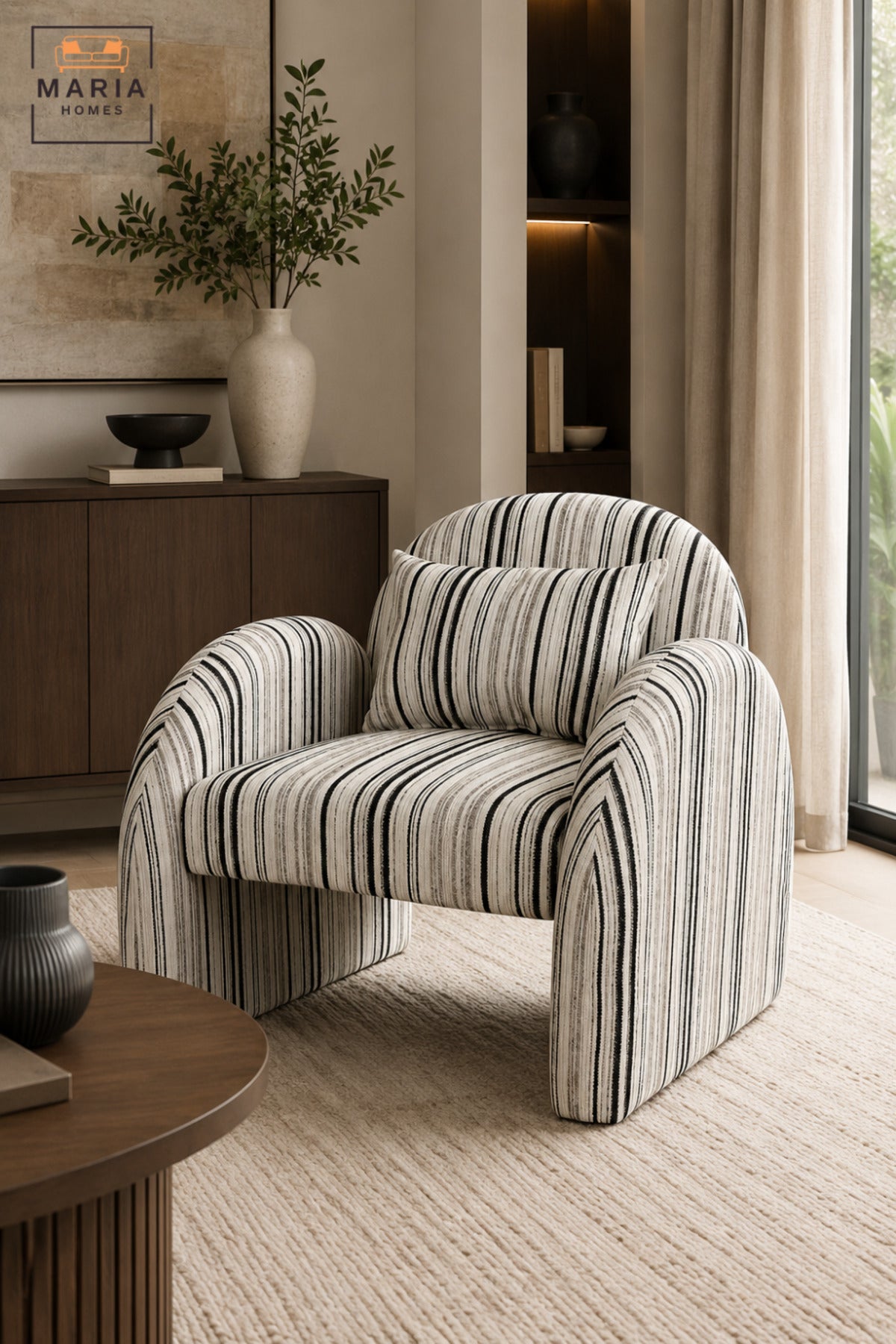 Modern Striped Upholstered Accent Chair with Curved Backrest, Rounded Arms & Cushion | Contemporary Lounge Chair for Living Room, Bedroom & Reception