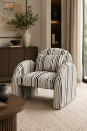 Modern Striped Upholstered Accent Chair with Curved Backrest, Rounded Arms & Cushion | Contemporary Lounge Chair for Living Room, Bedroom & Reception