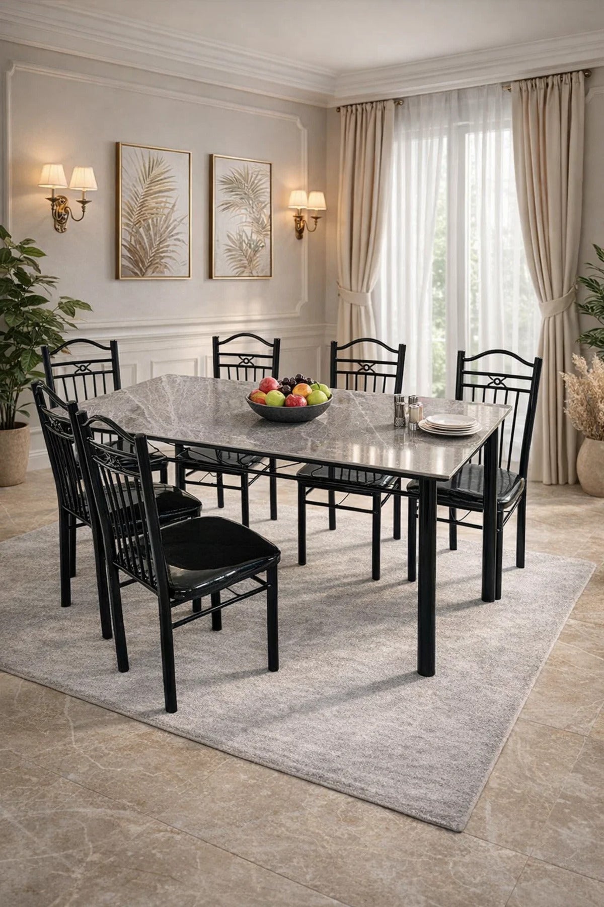 Elegant Grey Marble Dining Table Set with 6 Black Cushioned Chairs Modern Dining Furniture