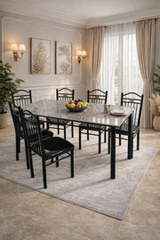 Elegant Grey Marble Dining Table Set with 6 Black Cushioned Chairs Modern Dining Furniture