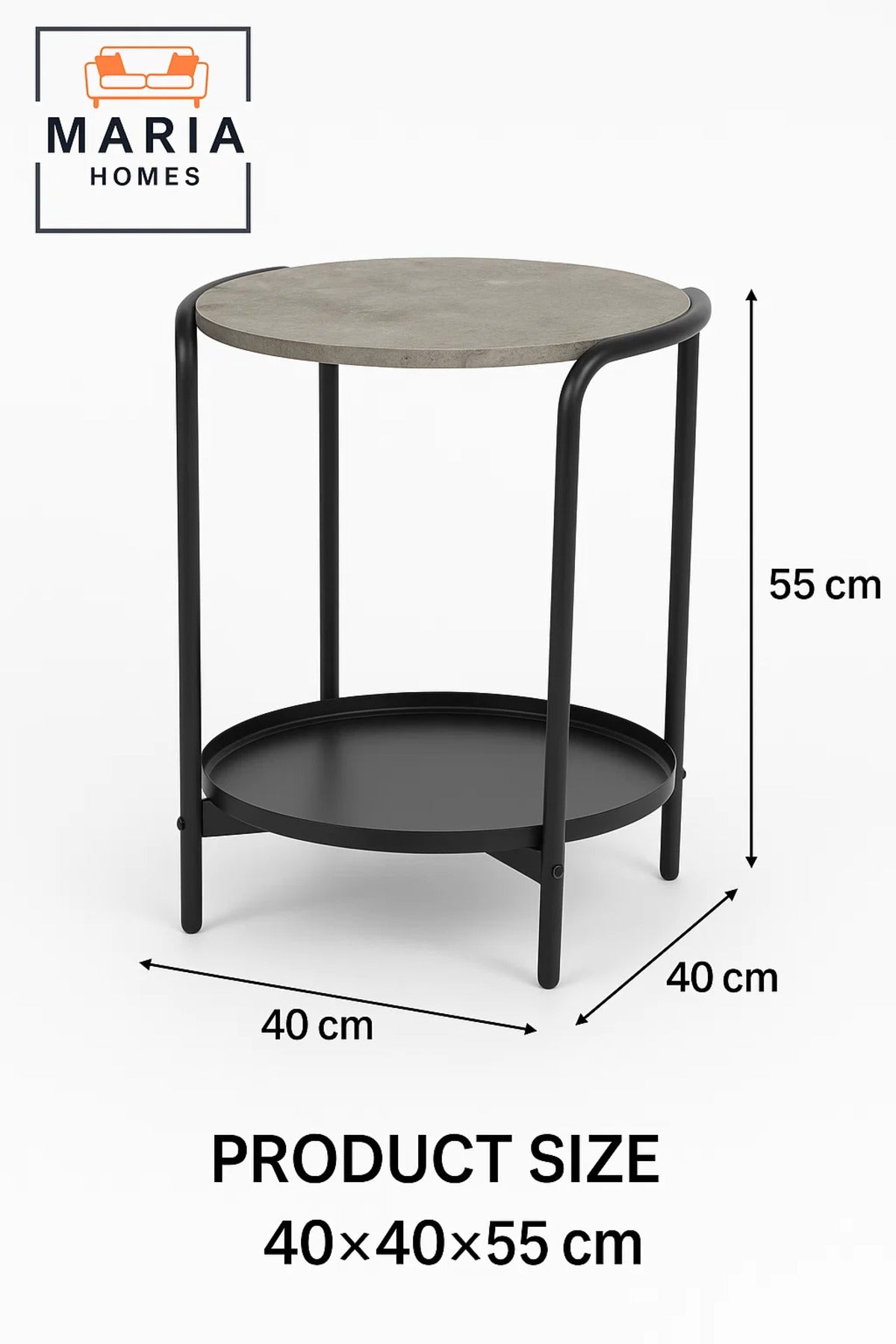 Modern Round Side Table with Stone-Texture Top and Black Tray Shelf