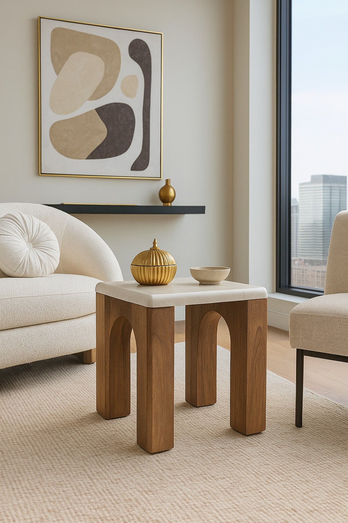 Modern Wooden Side Table with Brown Arched Legs End Table for Living Room Bedroom 50_50_55 cm