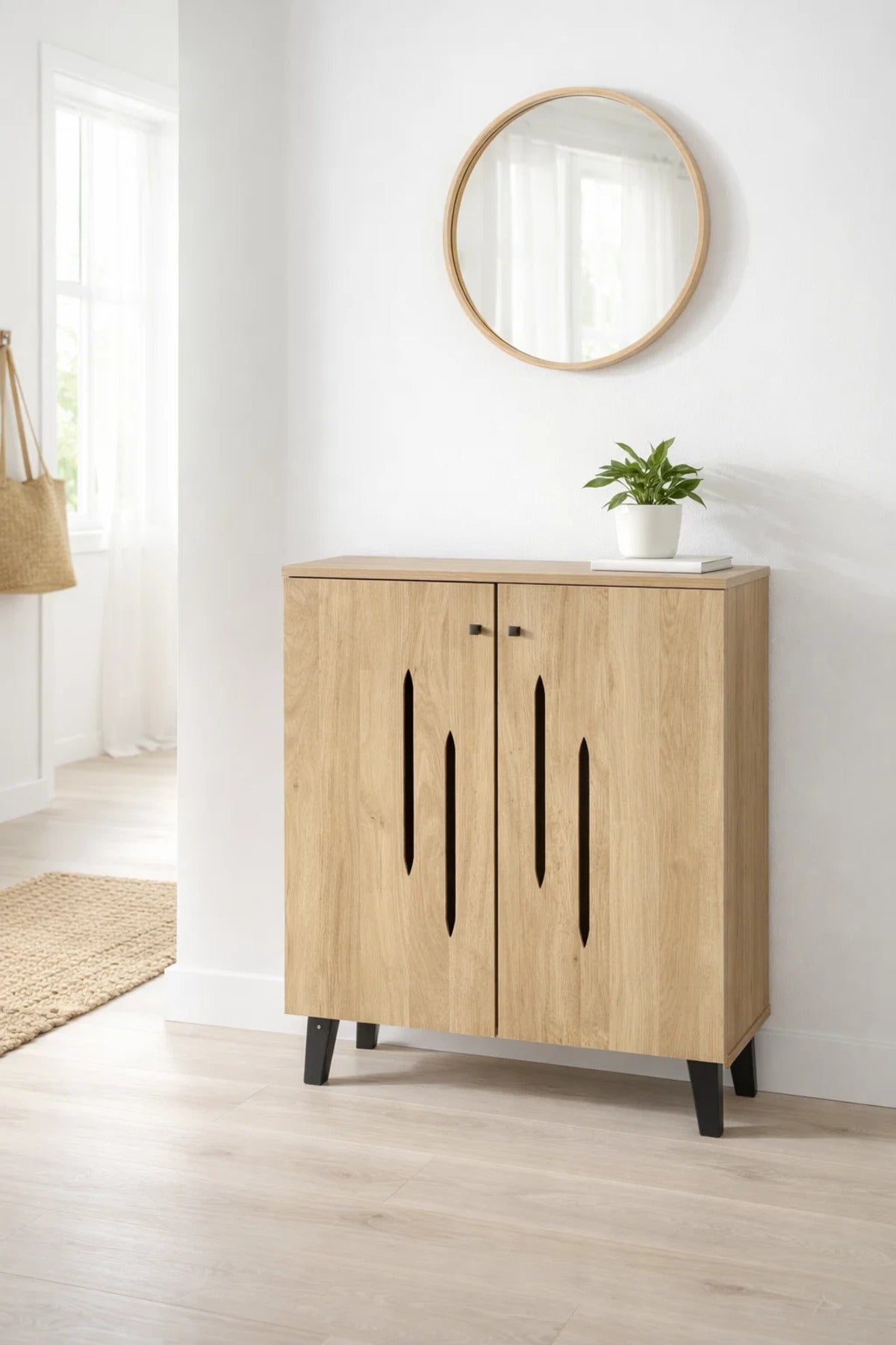 Modern Wooden Shoe Cabinet Light Brown with Vertical Cut Out Design 80 x 32 x 94 cm