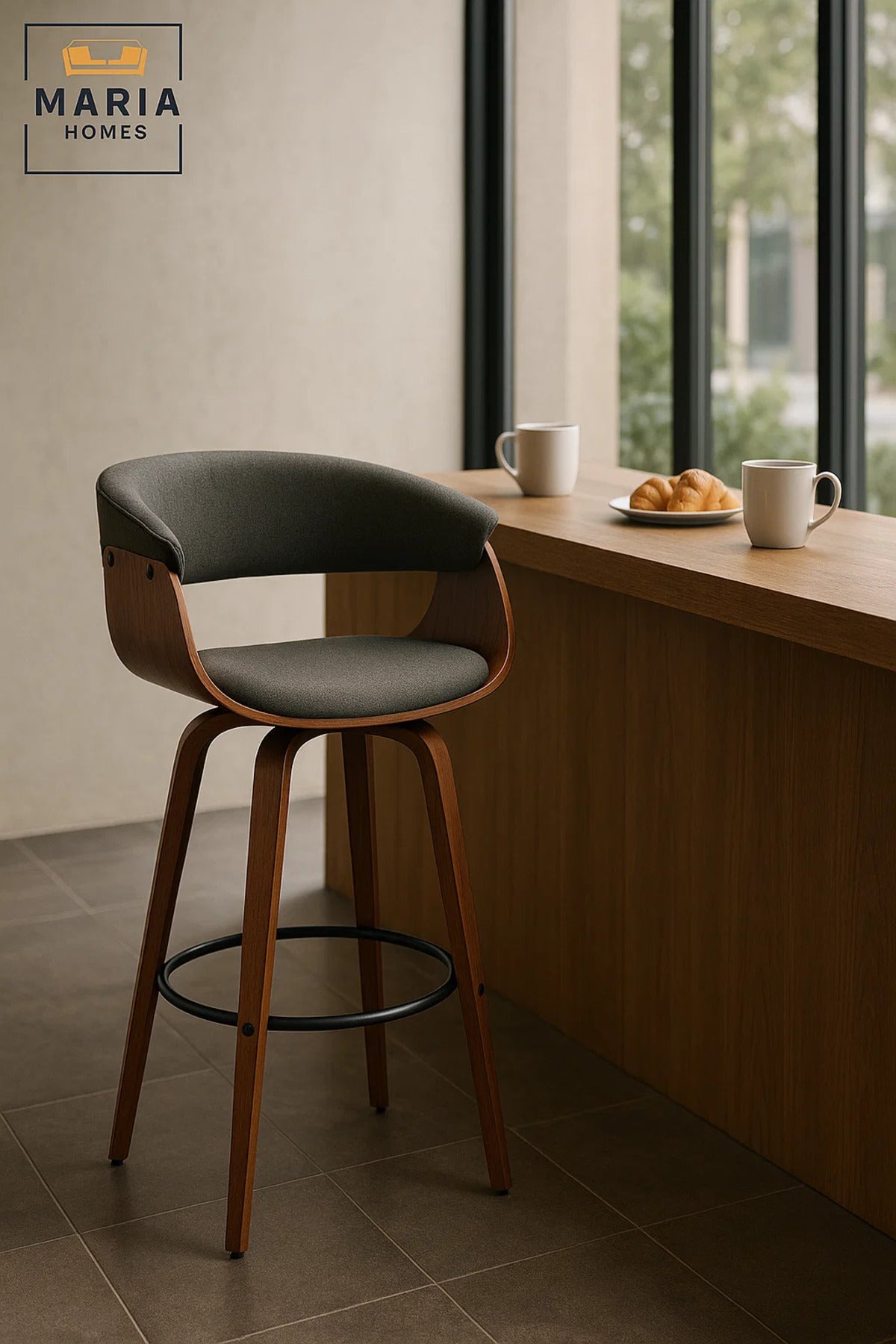 Dark Grey Swivel Bar Stool with Curved Wood Backrest, Upholstered Seat, Metal Footrest for Kitchen