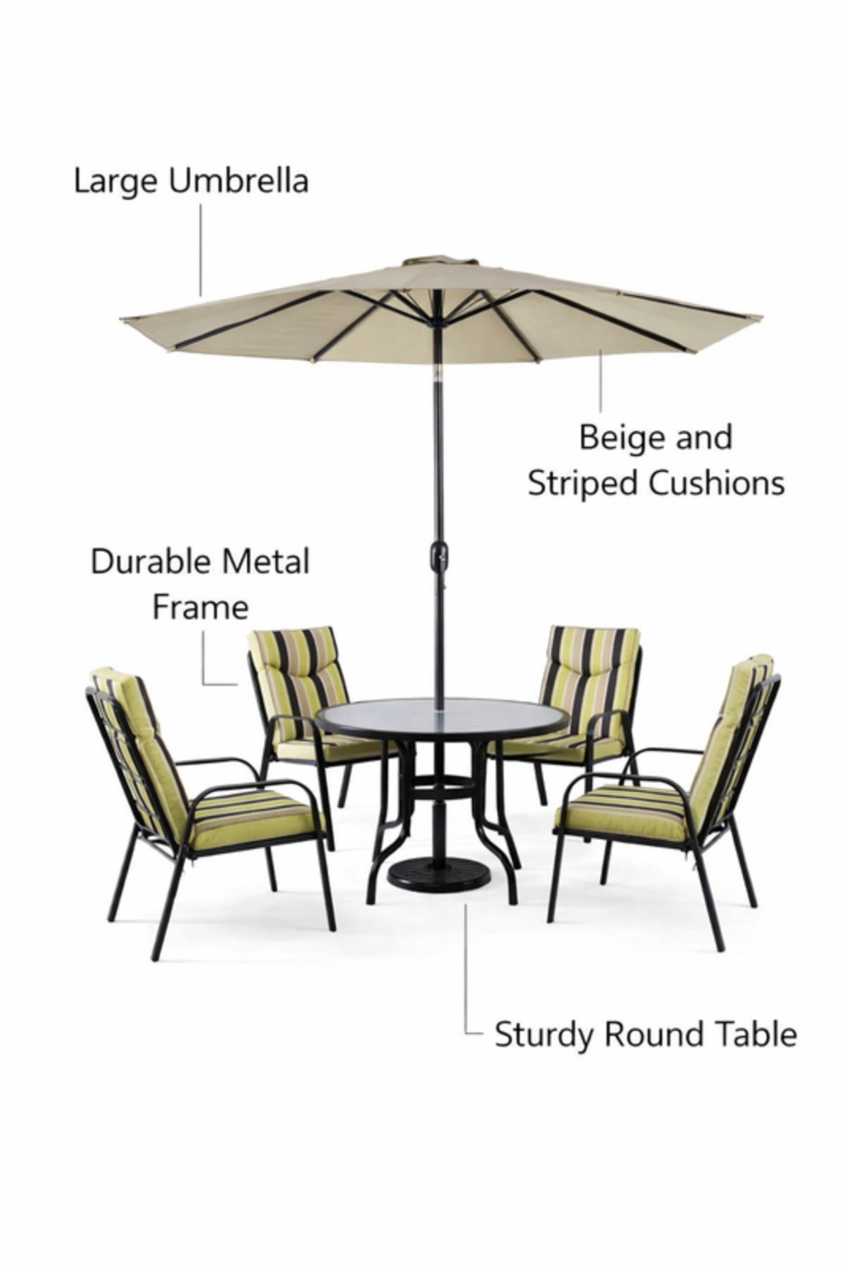 Modern Outdoor Garden Dining Set with Parasol Round Table and Four Comfortable Striped Chairs