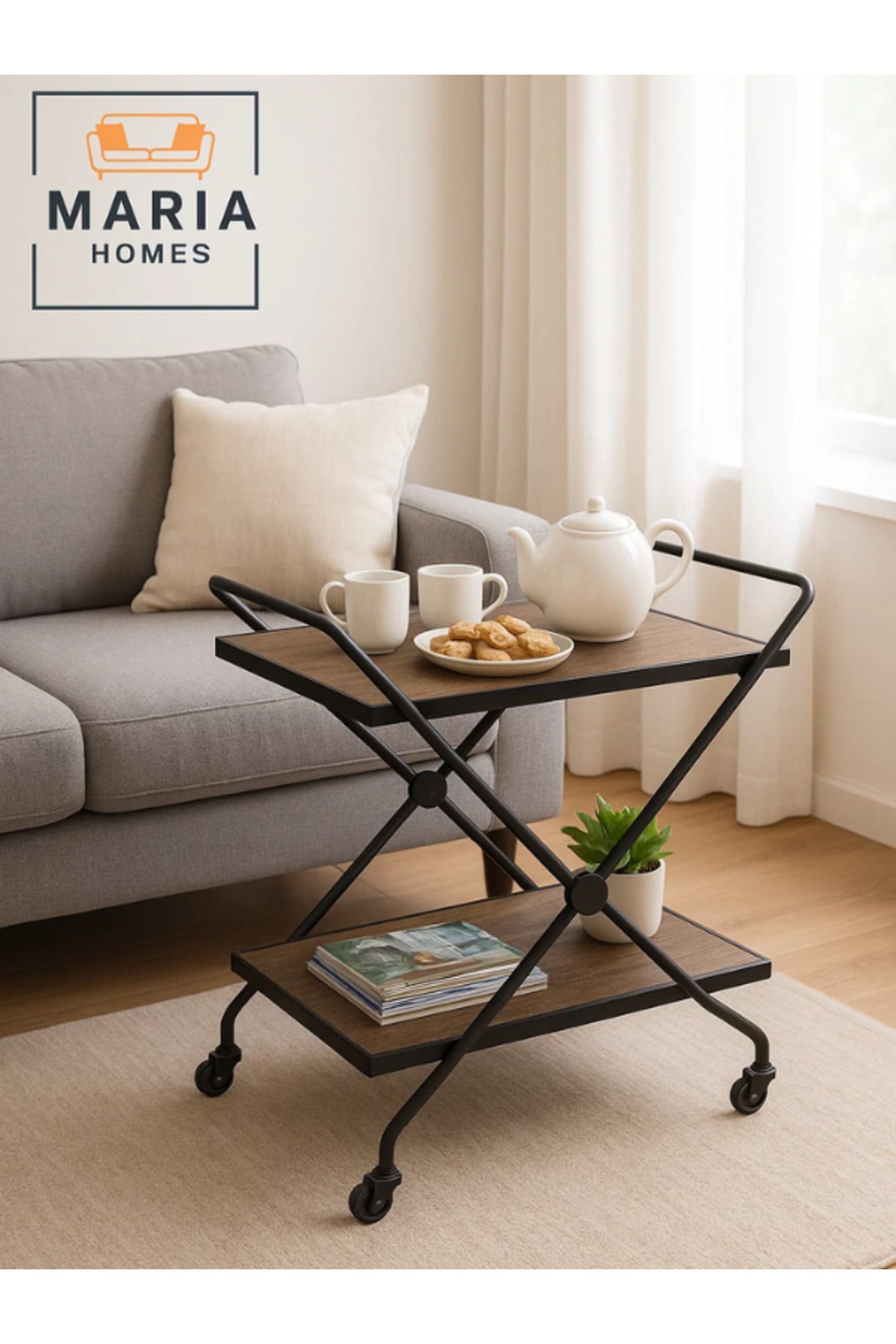 Modern Brown 2-Tier Serving Trolley with Wooden Shelves & Black Metal Frame Ð 70_40_84 cm