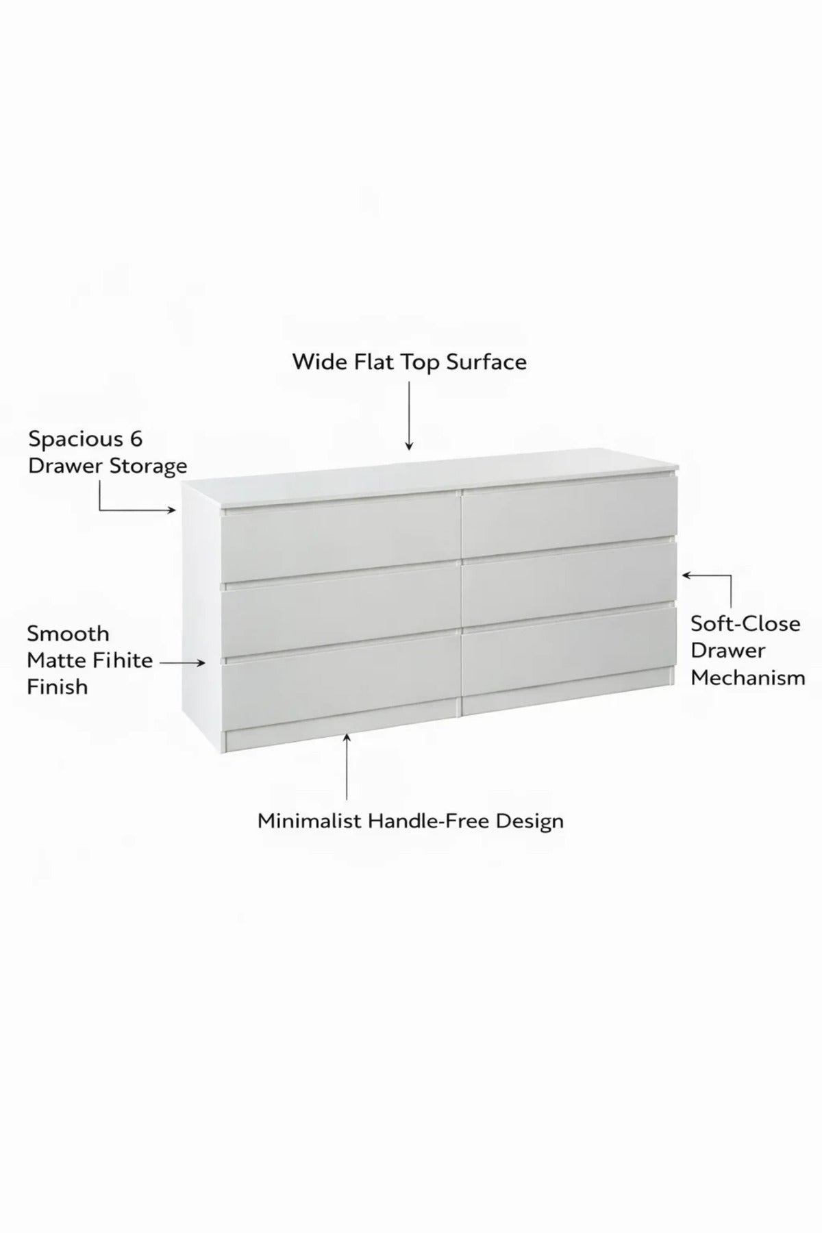 Modern White 6-Drawer Storage Cabinet Dresser for Bedroom Living Room 160x50x80cm Large Chest