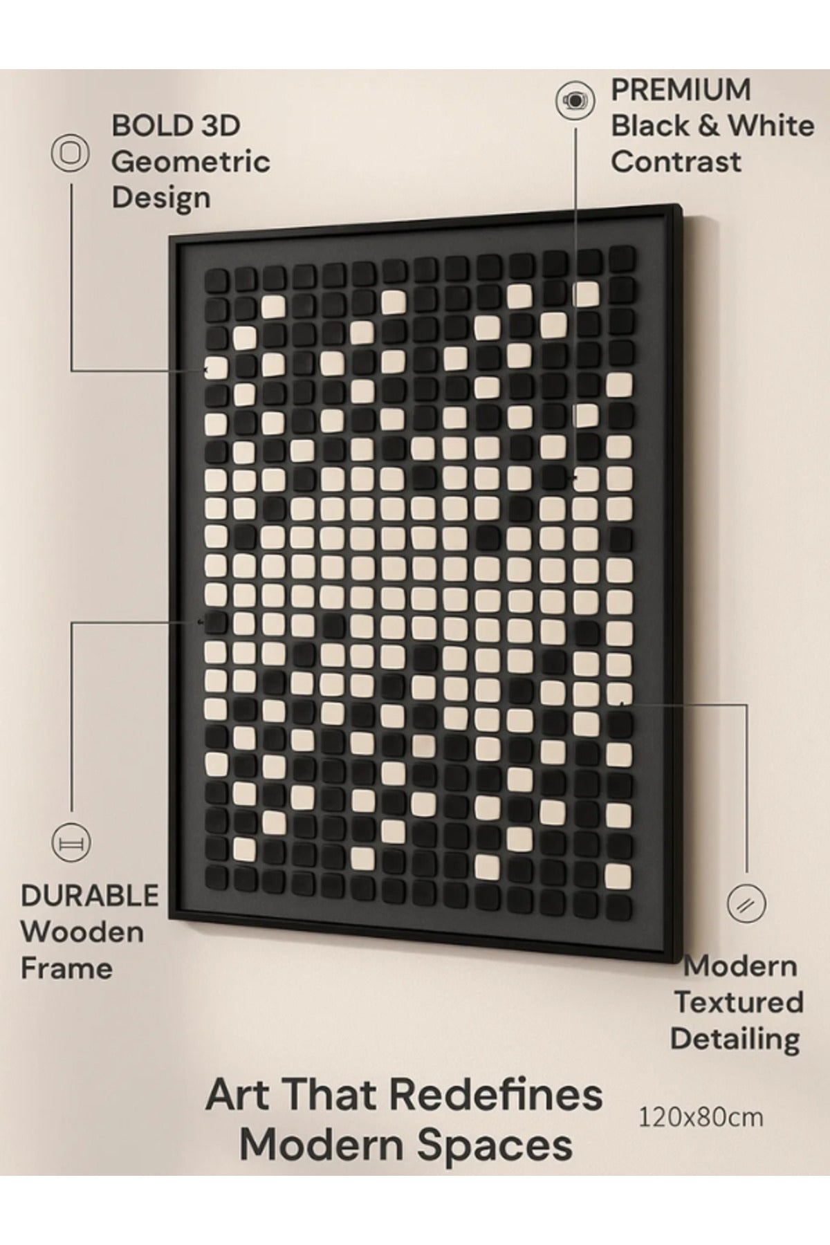 Modern Geometric Wall Art Ð 120_80 cm Black and White Square Pattern Framed Canvas