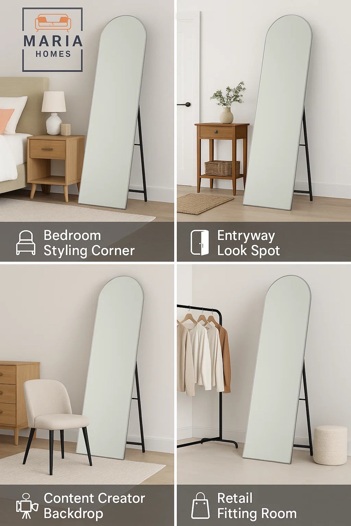 Modern Silver Full-Length Mirror 160x40cm Ð Arched Standing Mirror for Bedroom, Dressing Room