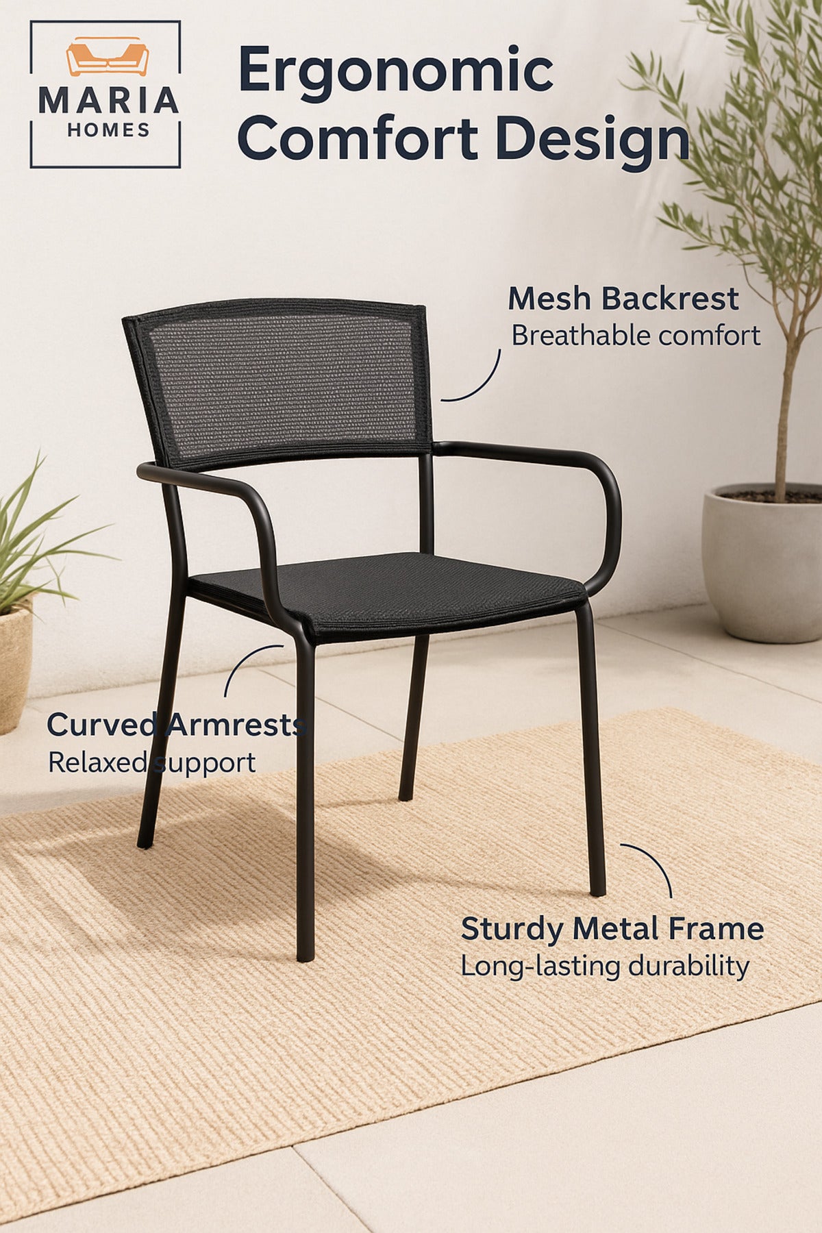 Black Metal Outdoor Chair with Armrests Ð Durable Patio & Garden Dining Seat