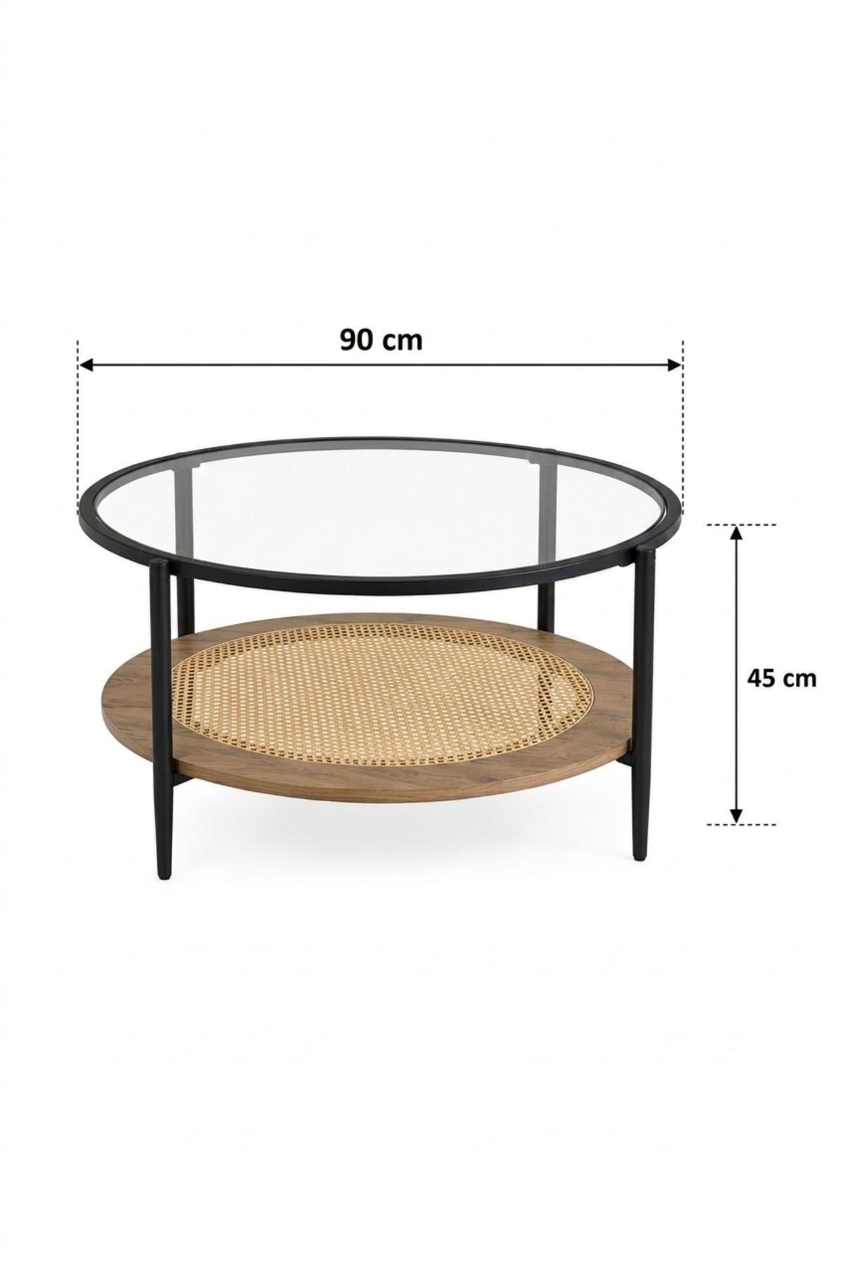 5-Piece Round Glass Coffee Table Set with Rattan Shelf √ê Modern Nesting Living Room Table Set, Black Metal Frame & Walnut Finish