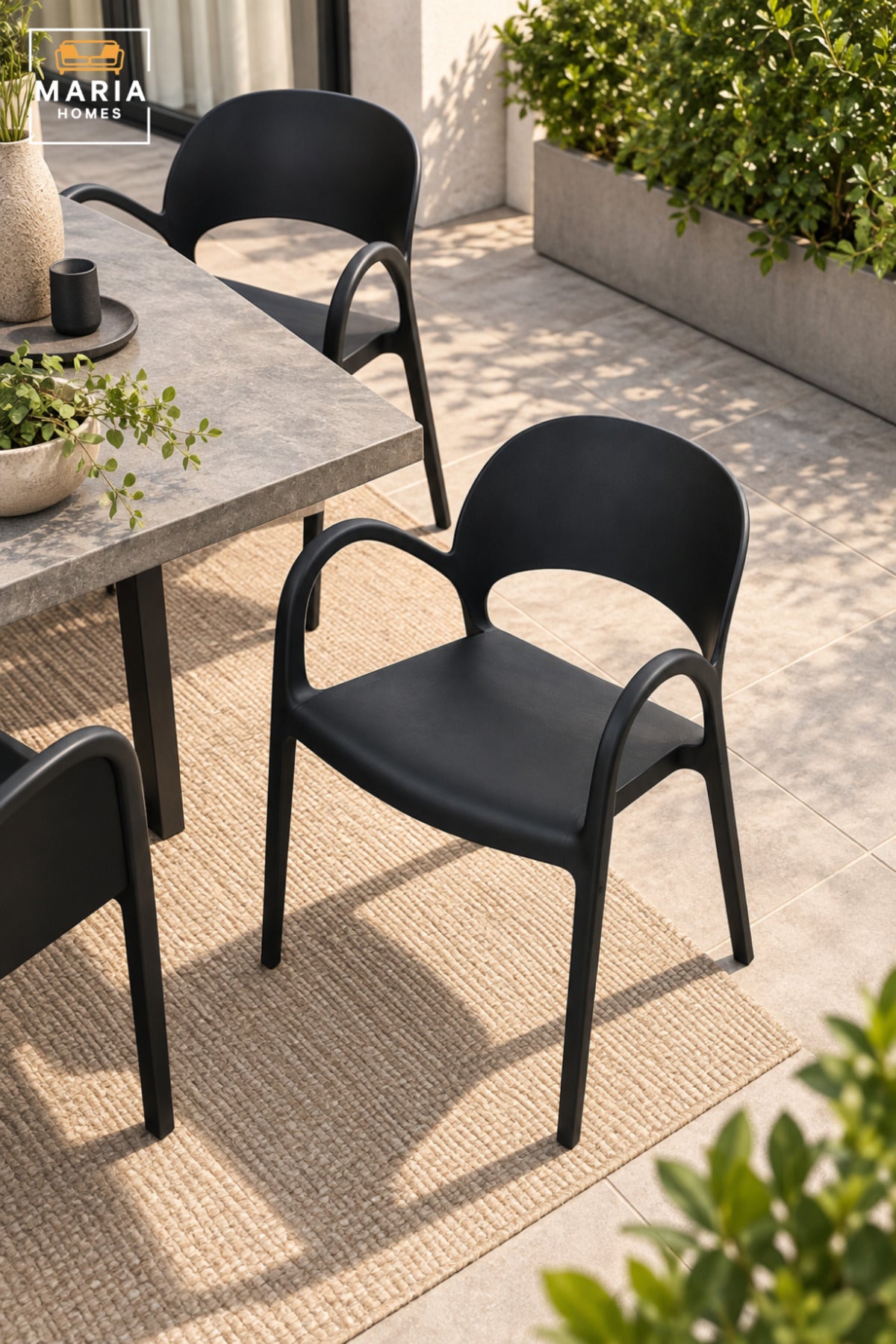Modern Black Garden Chair with Armrests, Curved Open Backrest and Contemporary Lightweight Design for Patio, Balcony, Terrace, Café & Outdoor Seating
