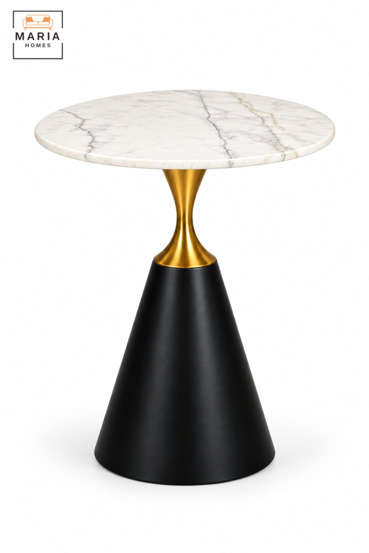 Modern Round Side Table with White Marble-Effect Top, Black Cone Pedestal Base and Gold Accent for Living Room & Bedroom – 60 × 67.5 CM