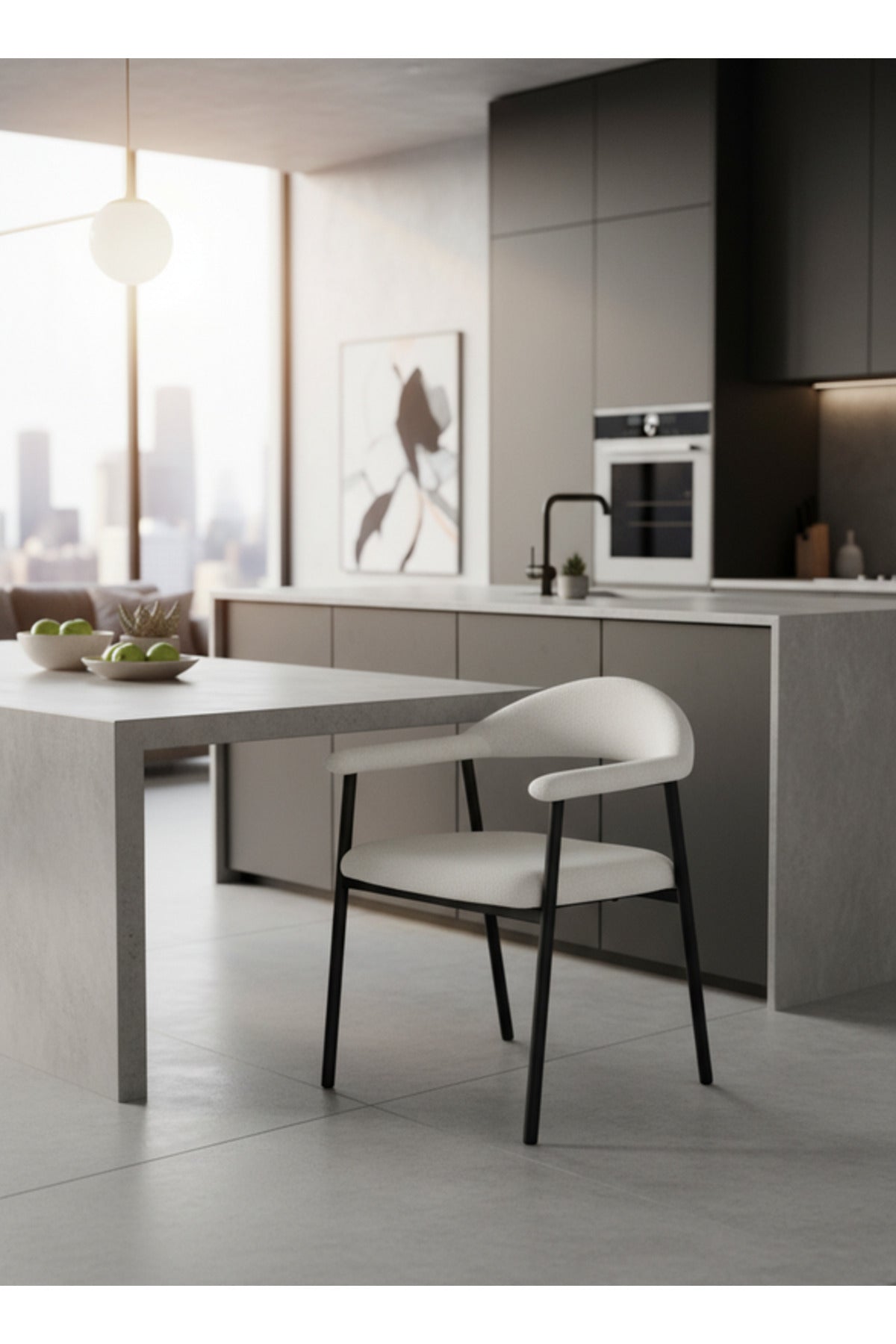 Modern White Upholstered Dining Chair with Curved Back & Black Metal Legs