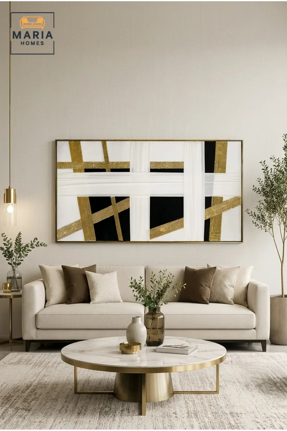 Luxury Horizontal Abstract Wall Art Ð Modern Black, White & Gold Geometric Framed Artwork for Living Room, Dining Room & Office DŽcor